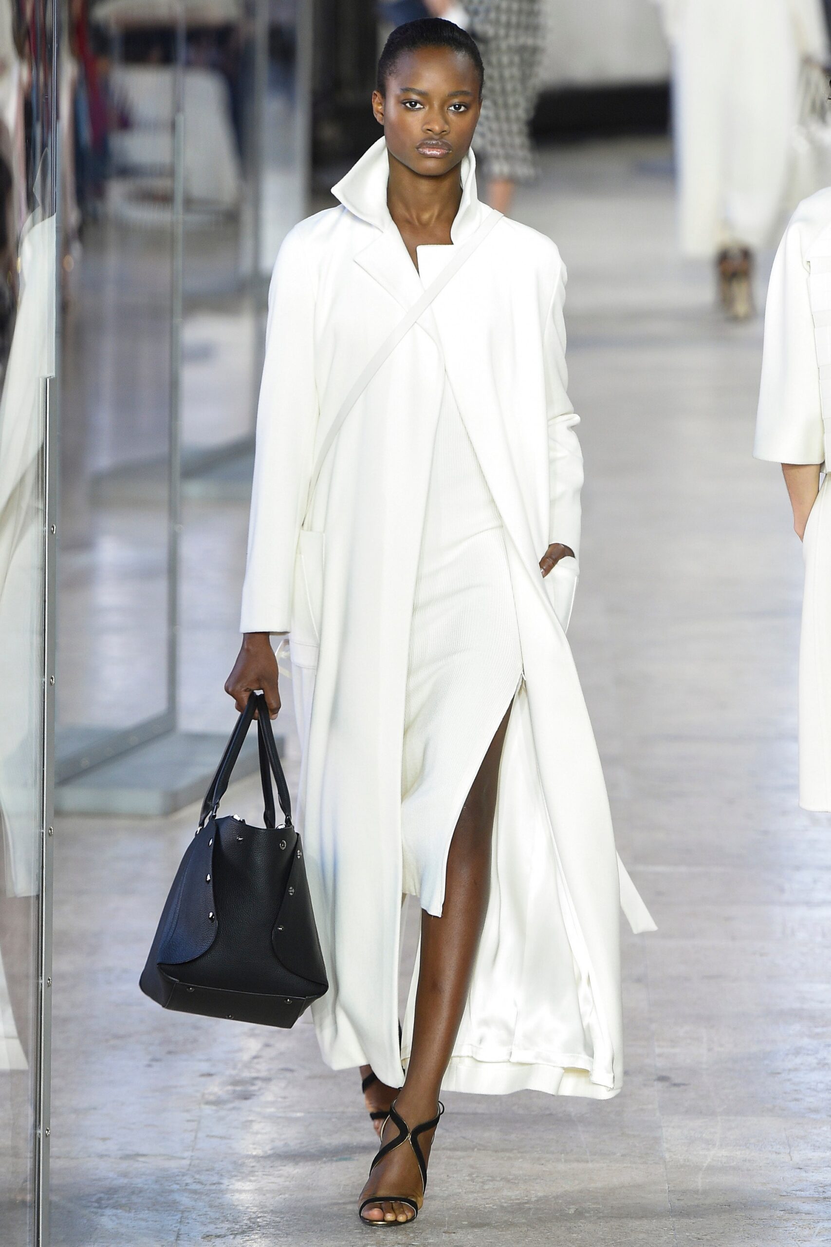 white silk long-sleeve collared relaxed draped pockets coat