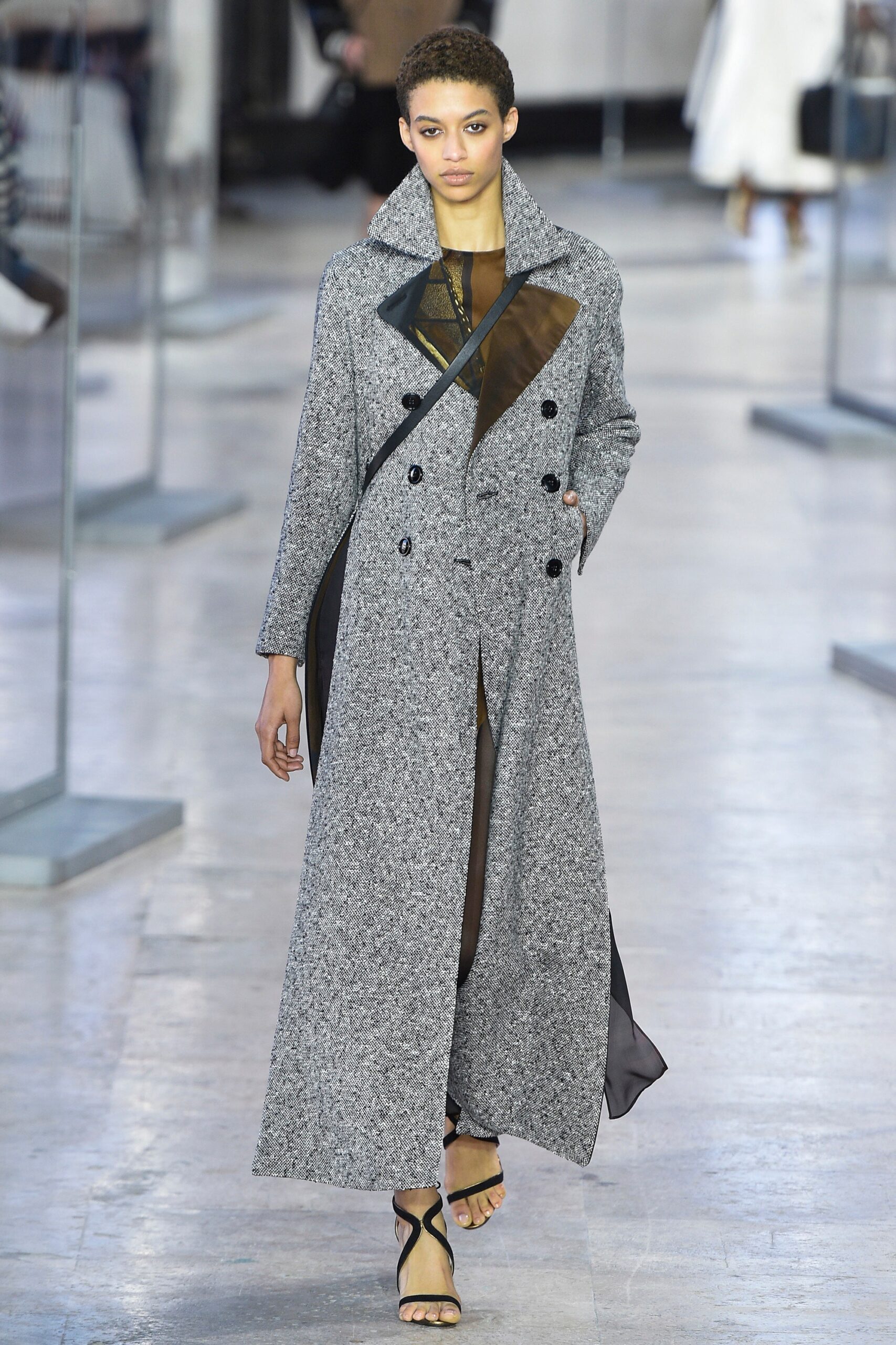 gray wool long-sleeve collared fitted layered maxi coat