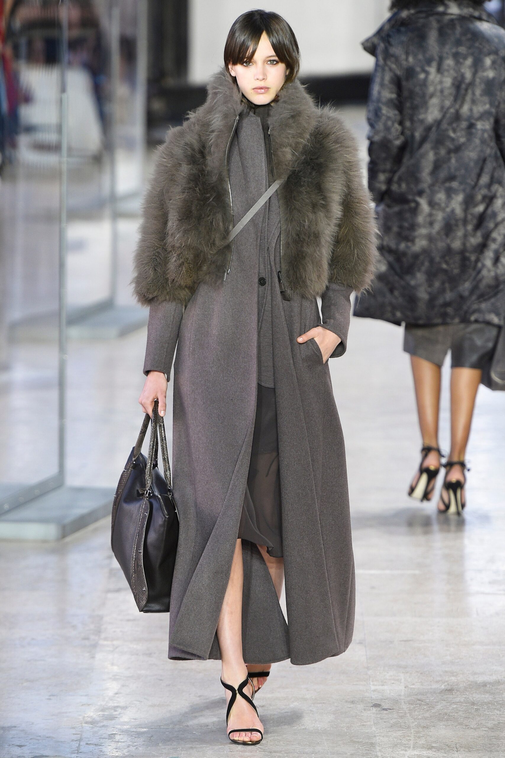 gray wool long-sleeve collared fitted belted maxi coat