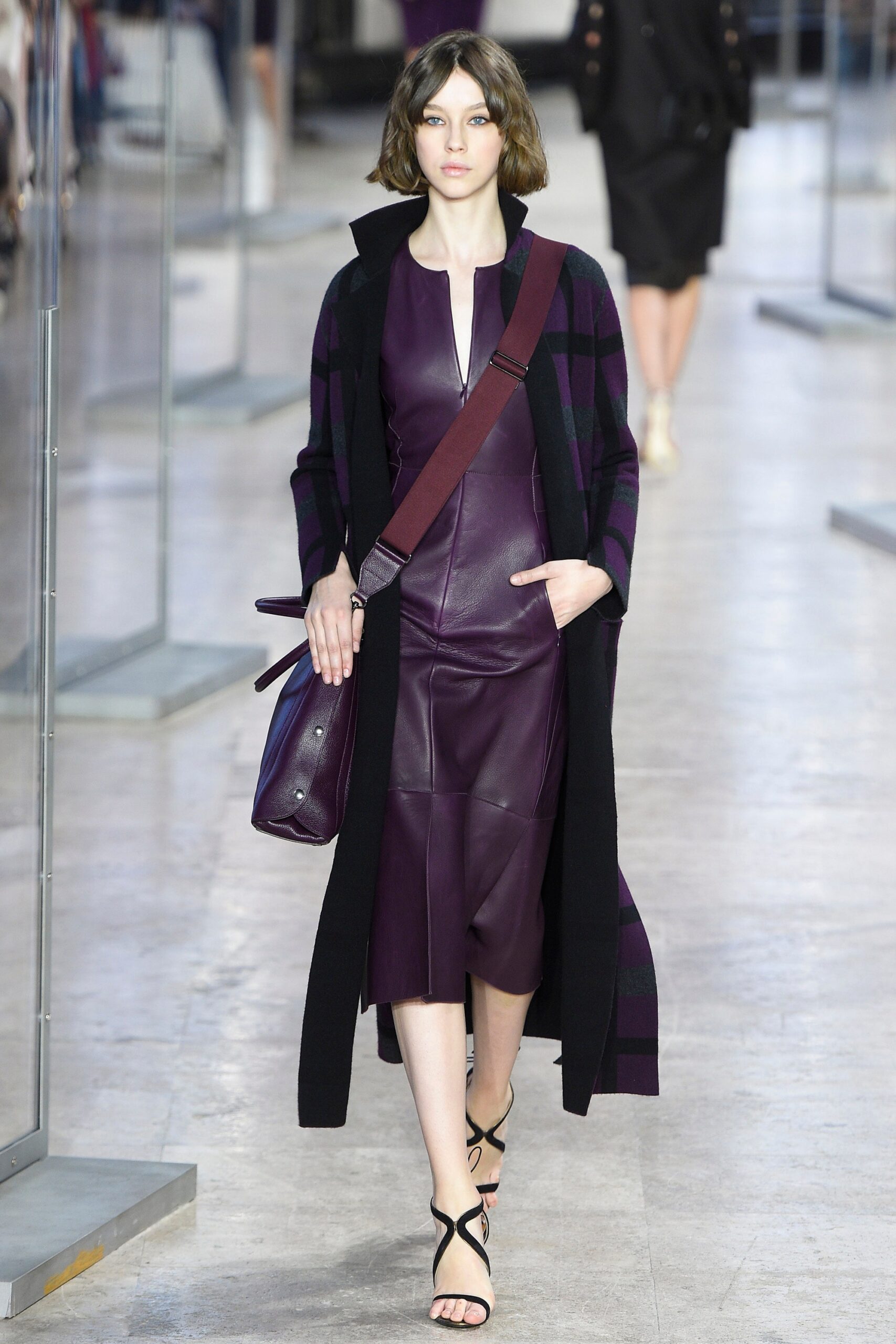 purple leather fitted dress with coat