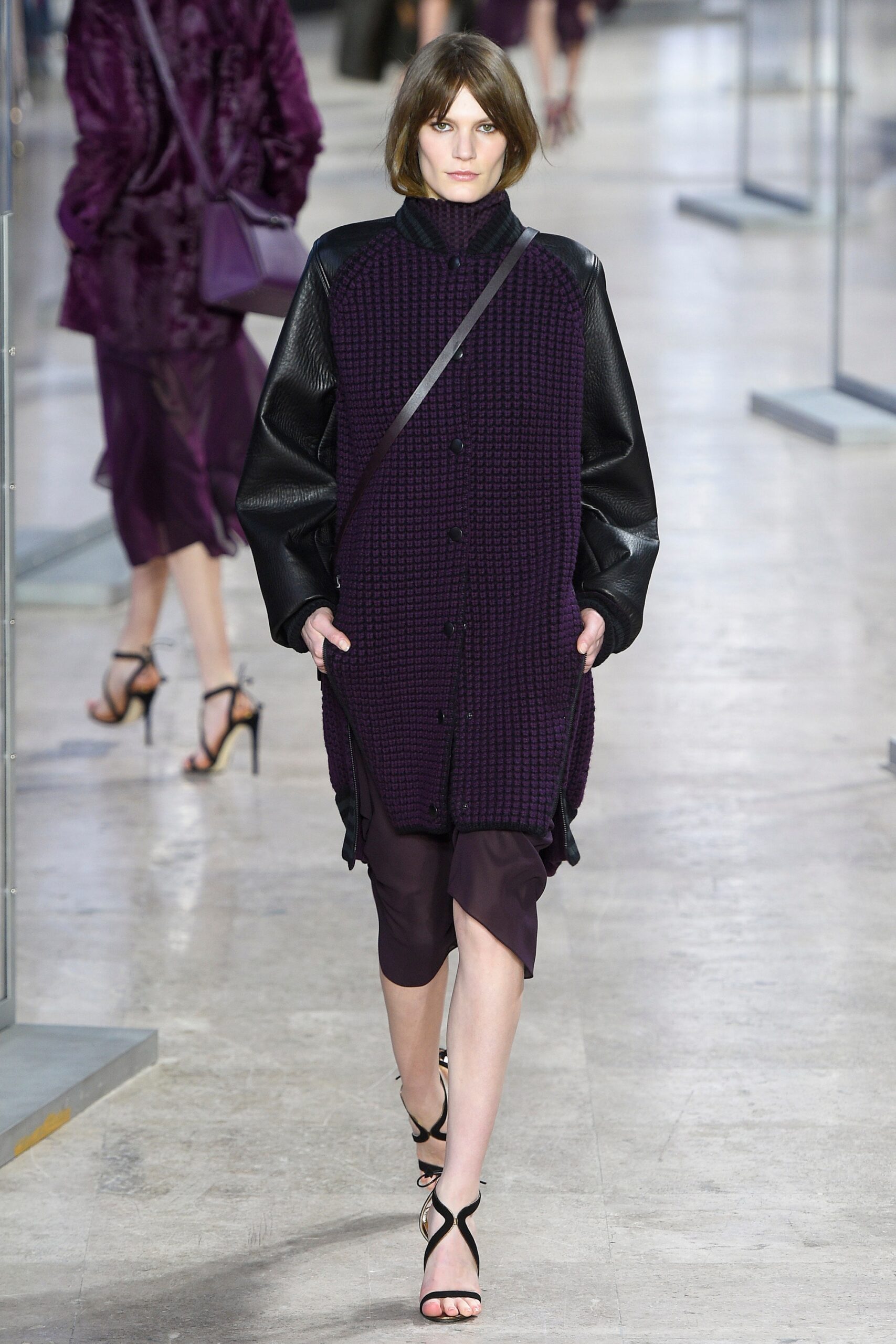 purple wool coat and silk dress