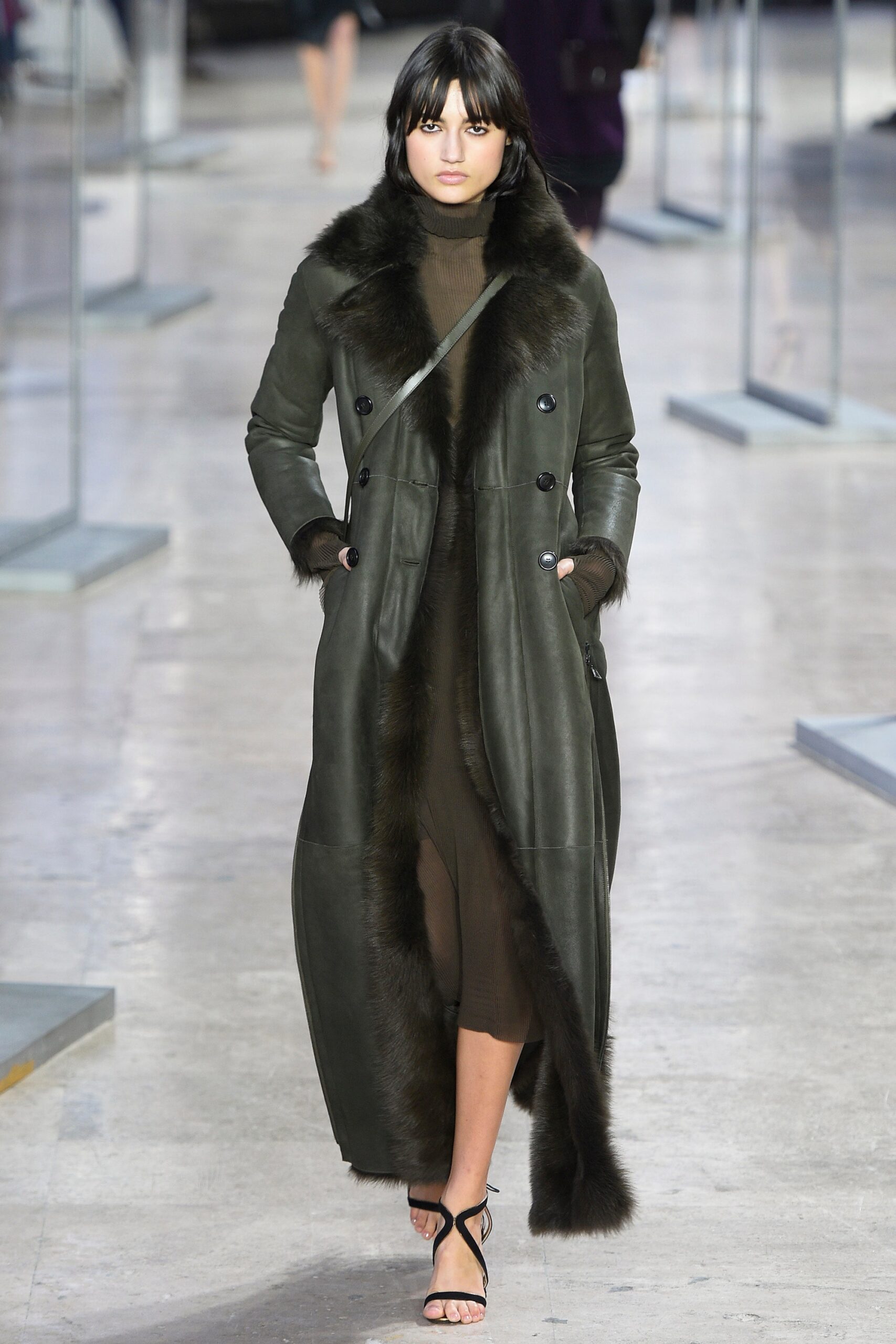 green leather coat with brown dress