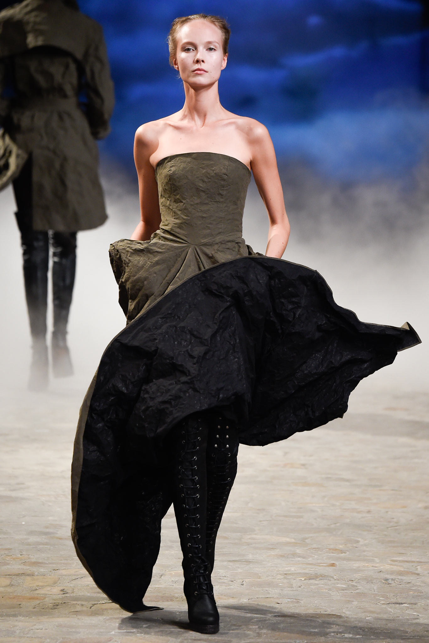 black green strapless gown with boots