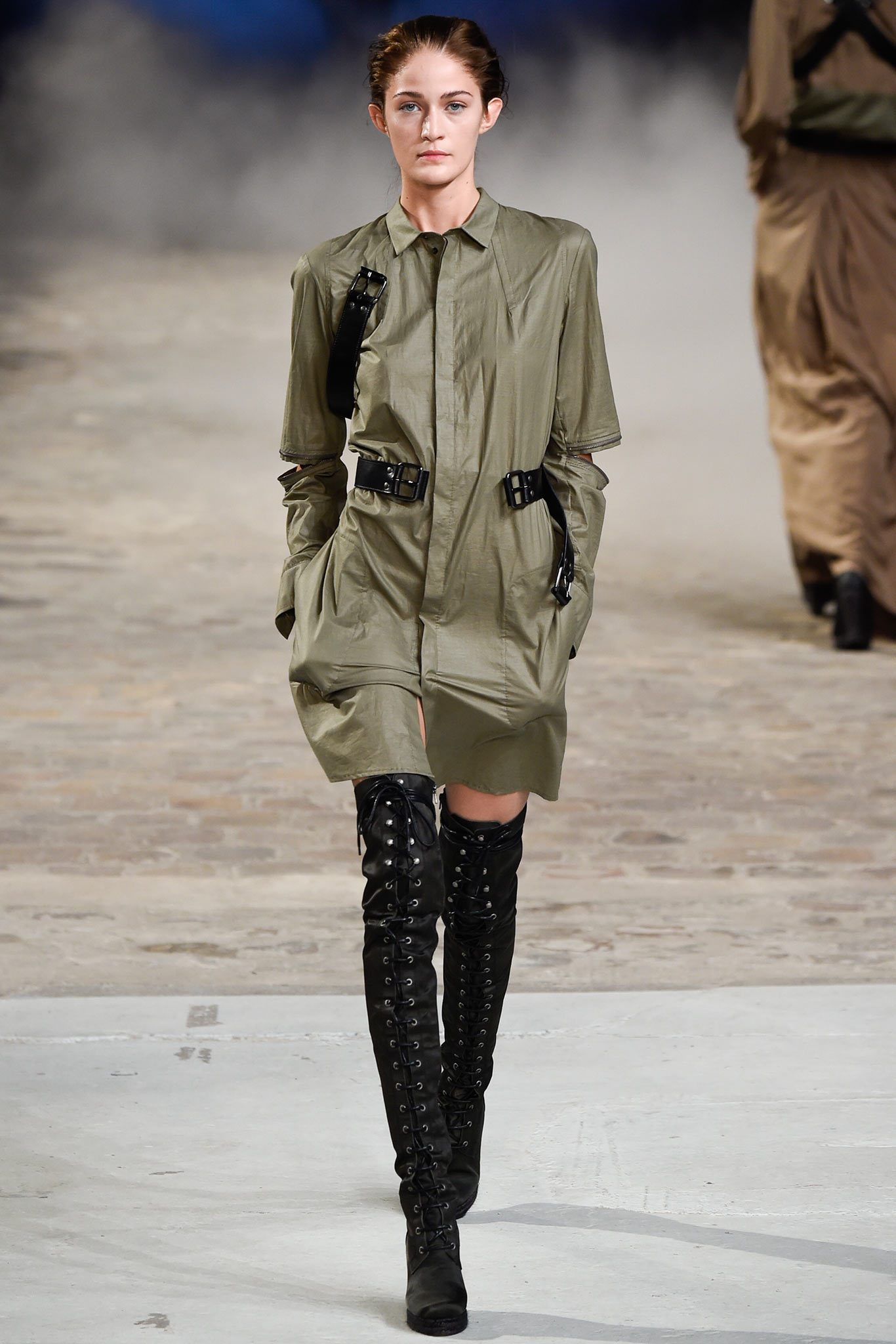 green silk mini dress with black boots