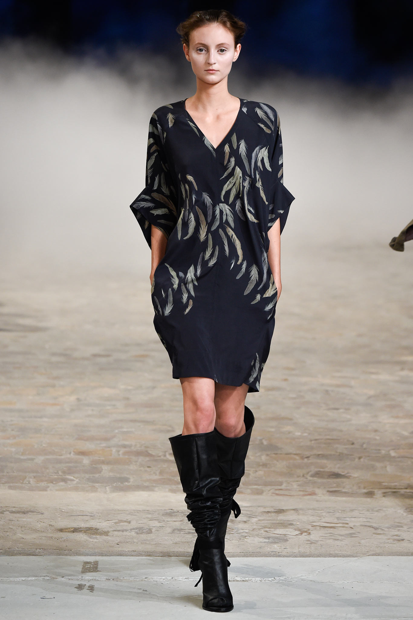 black silk printed dress with boots