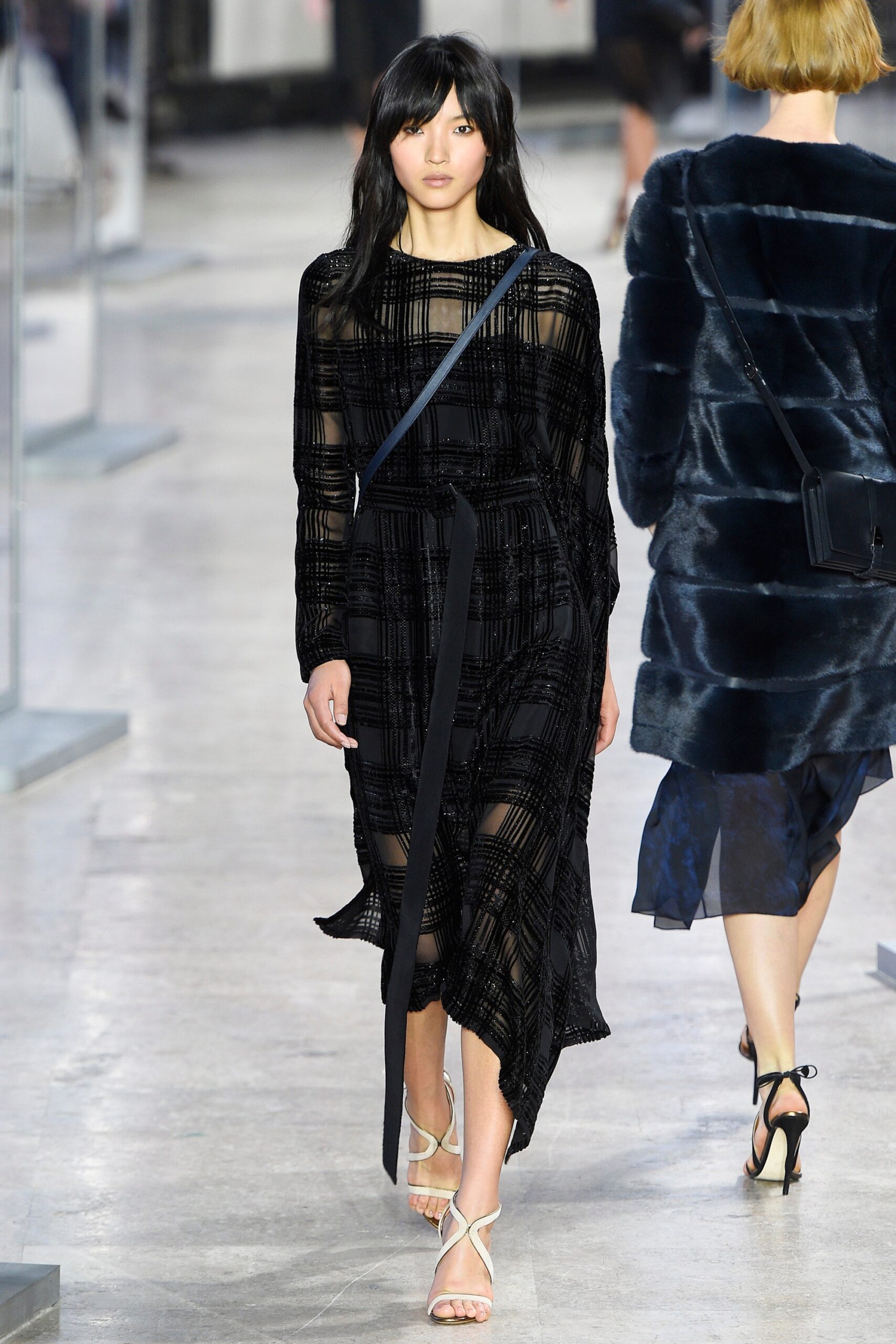 black silk midi dress with long sleeves