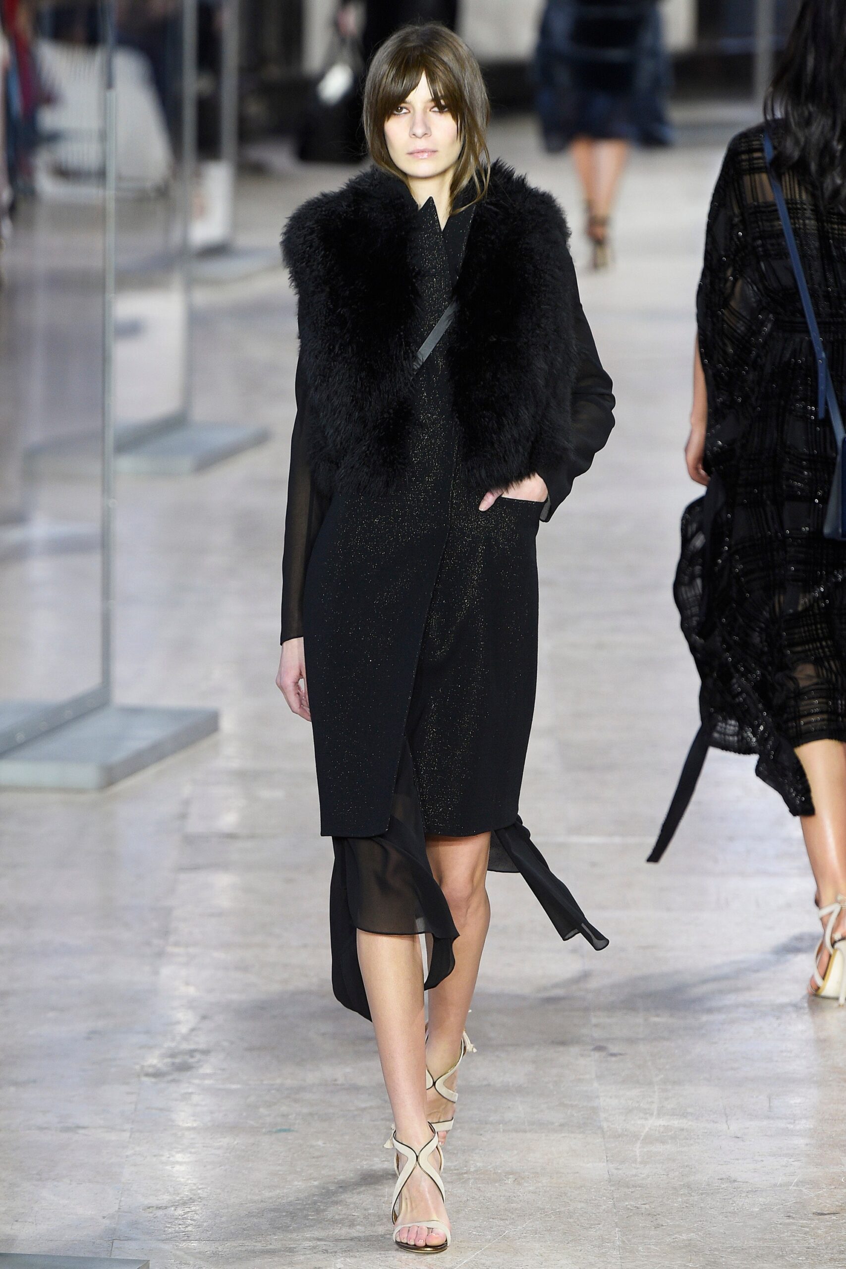 black silk long-sleeve v-neck fitted draped shiny dress