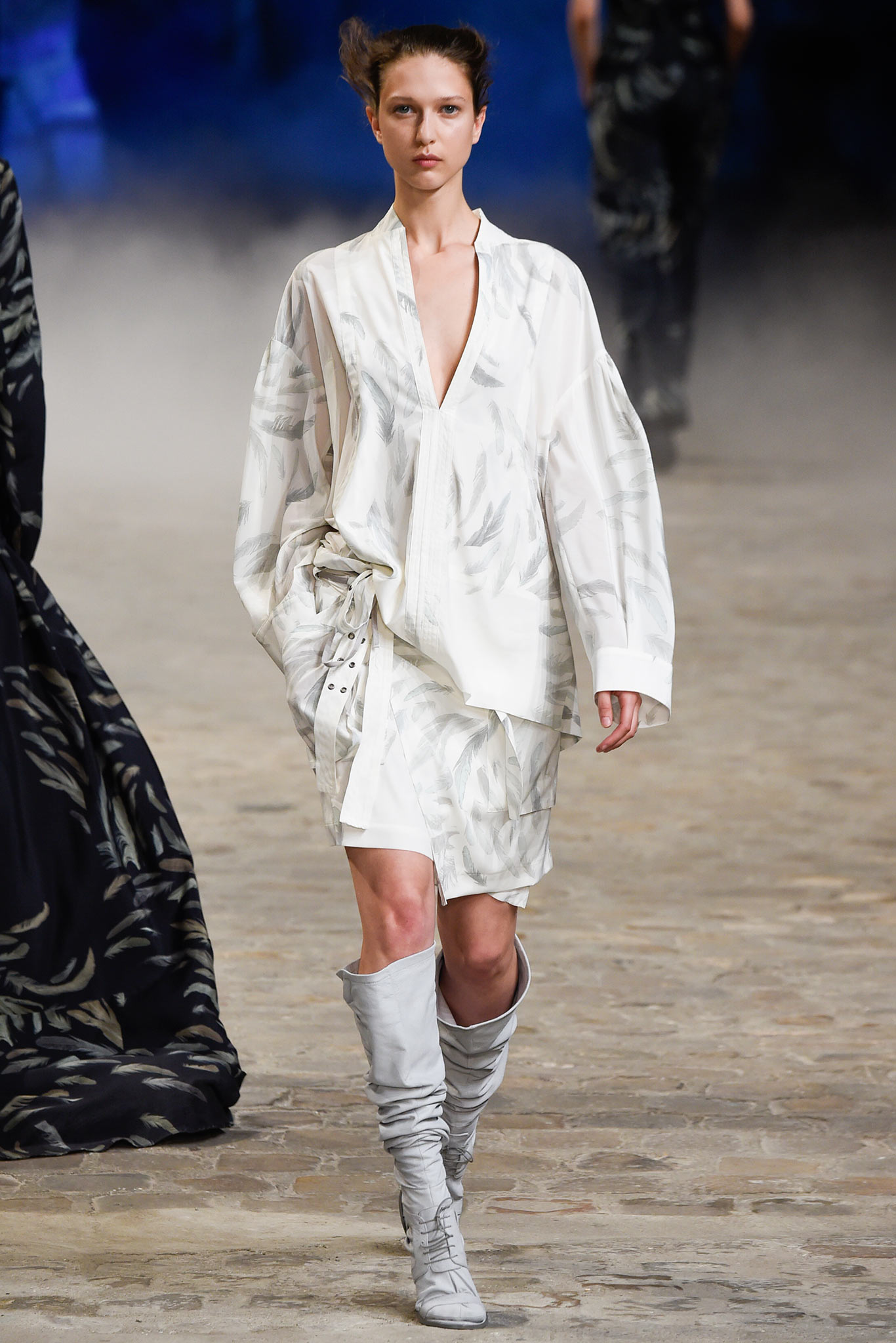 white gray relaxed mini dress with knee-high boots