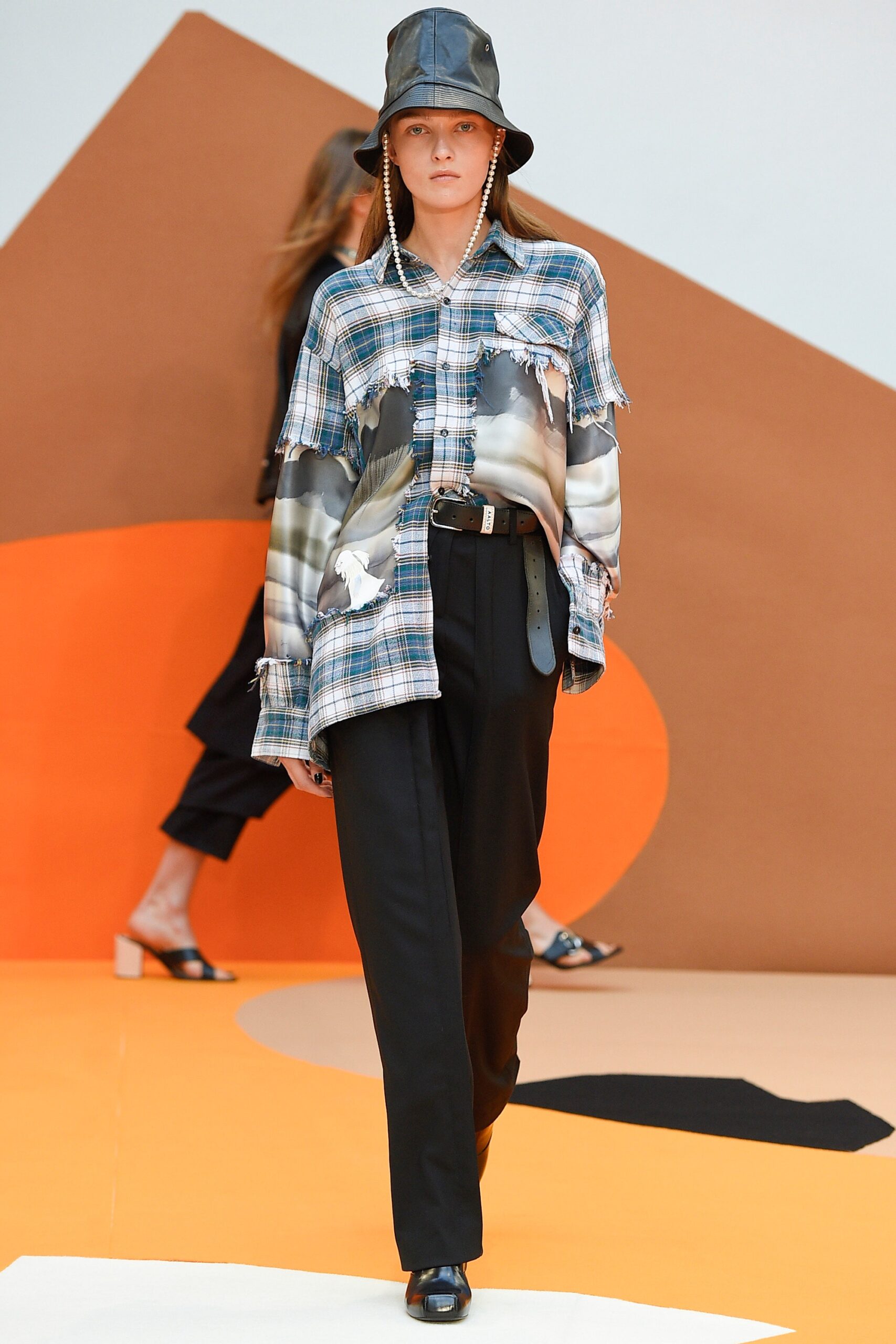 blue printed shirt with black pants