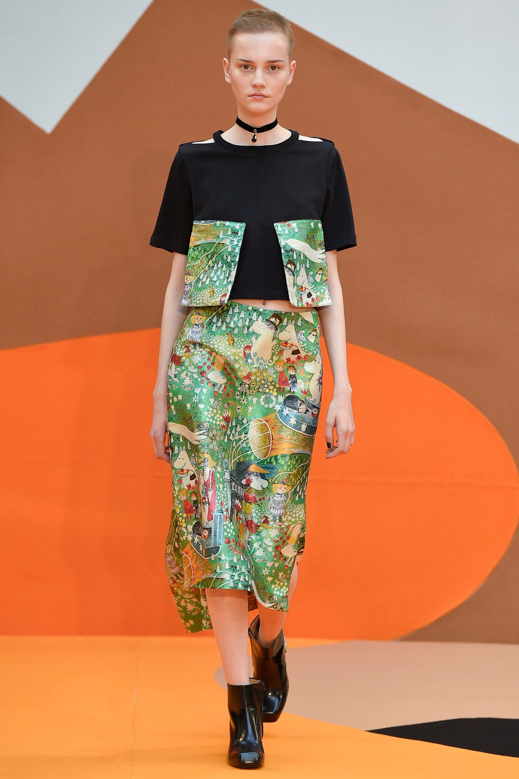 black fitted top with multi skirt