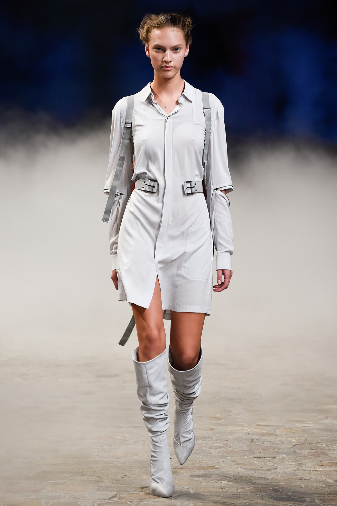 white fitted mini dress with gray boots