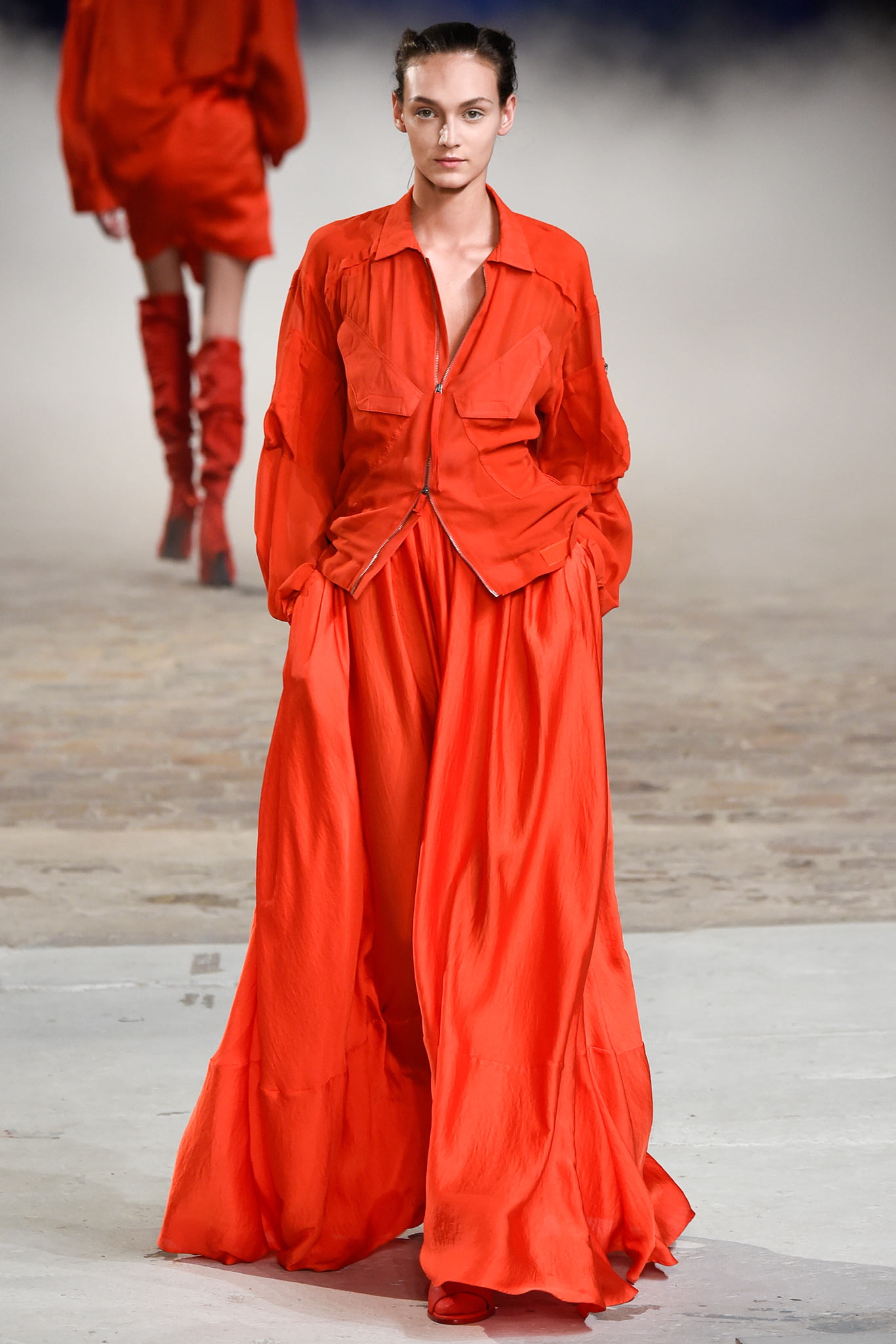 red silk relaxed top and tiered maxi skirt