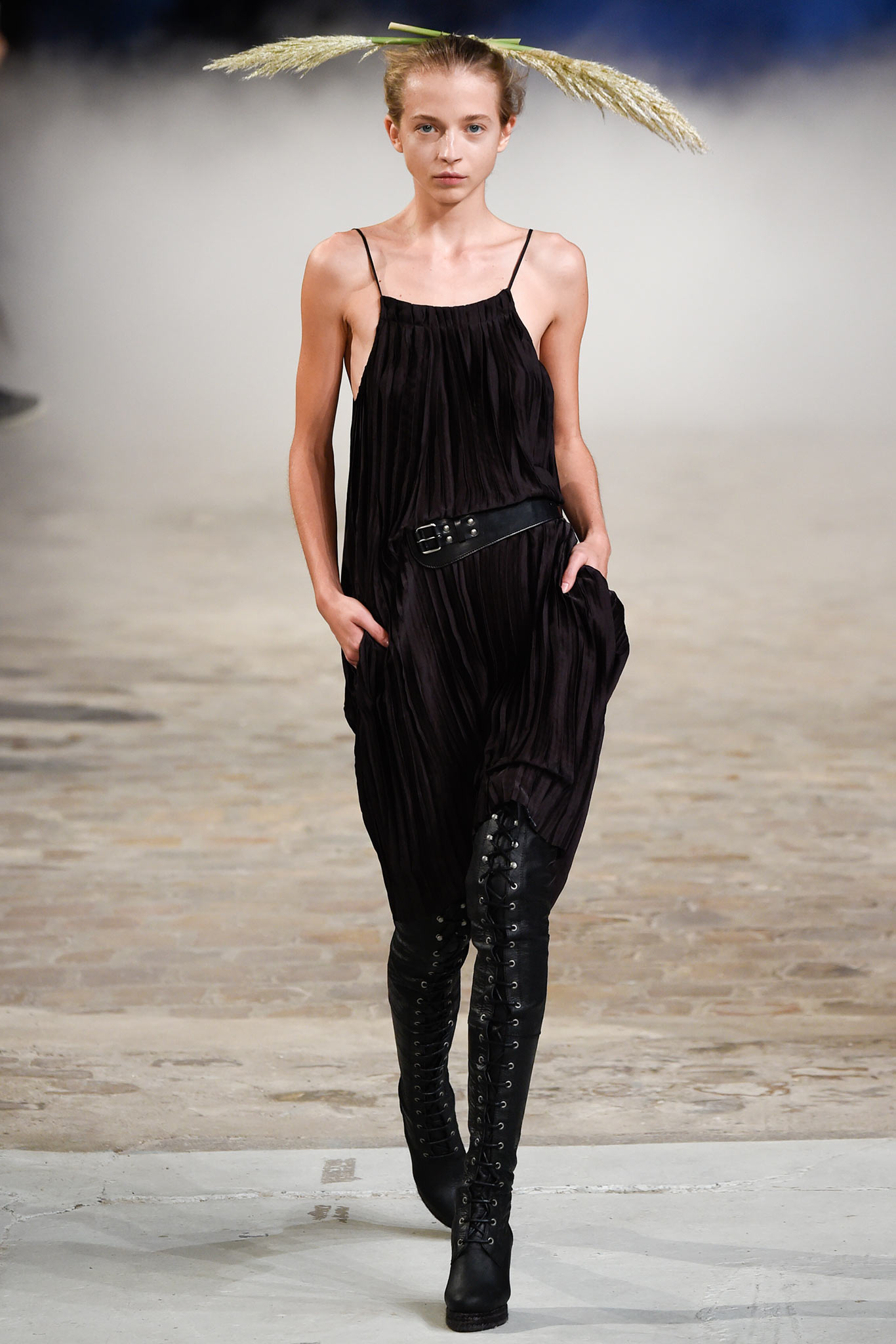 black pleated mini dress with boots