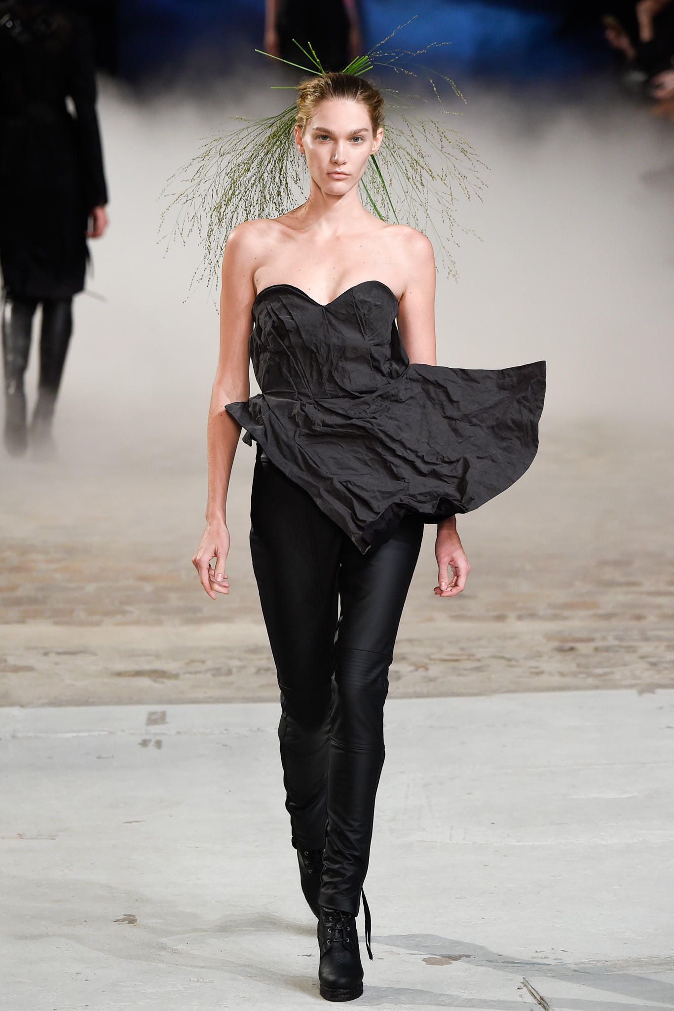 black strapless jumpsuit with draped detail