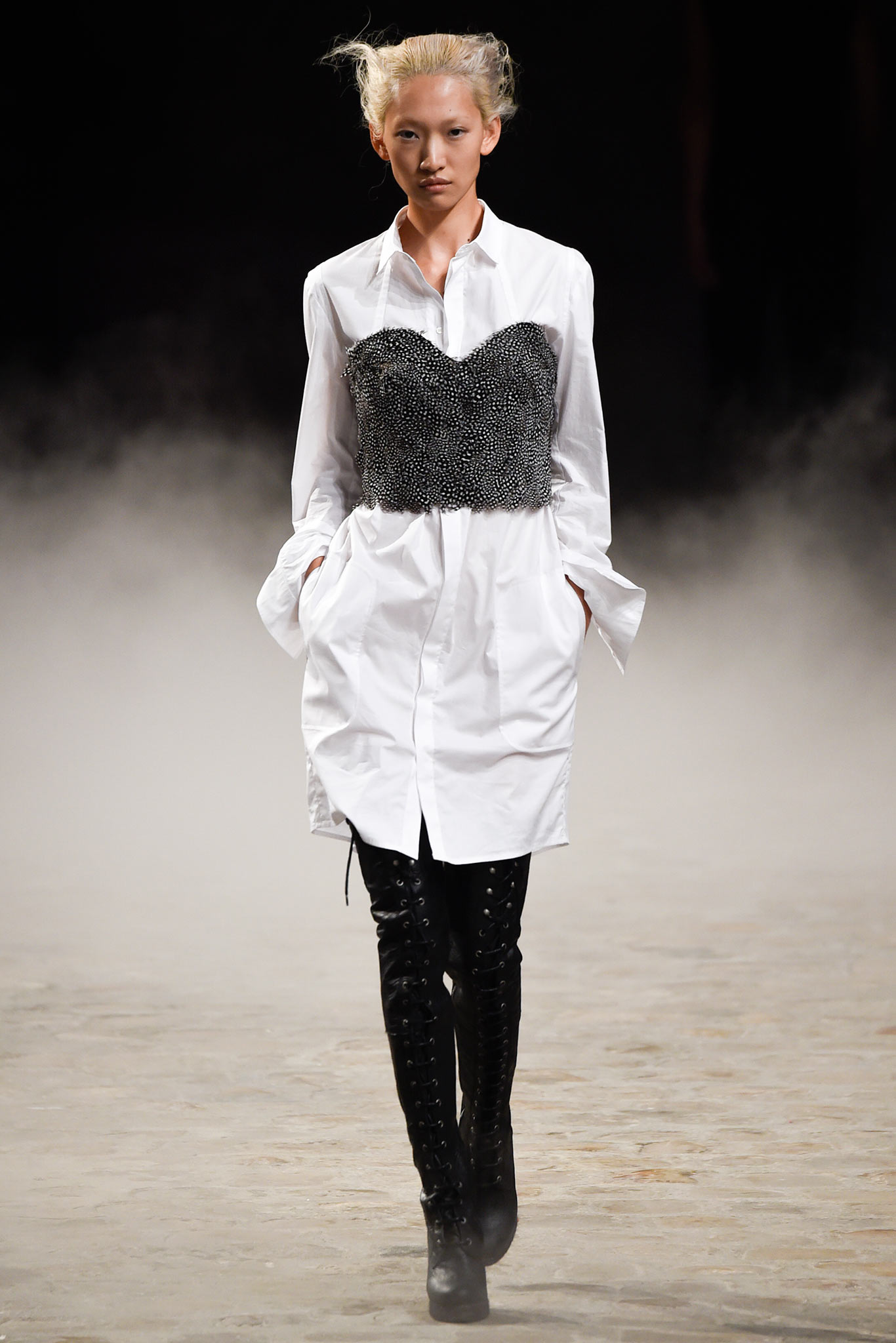 white shirt-dress with black corset