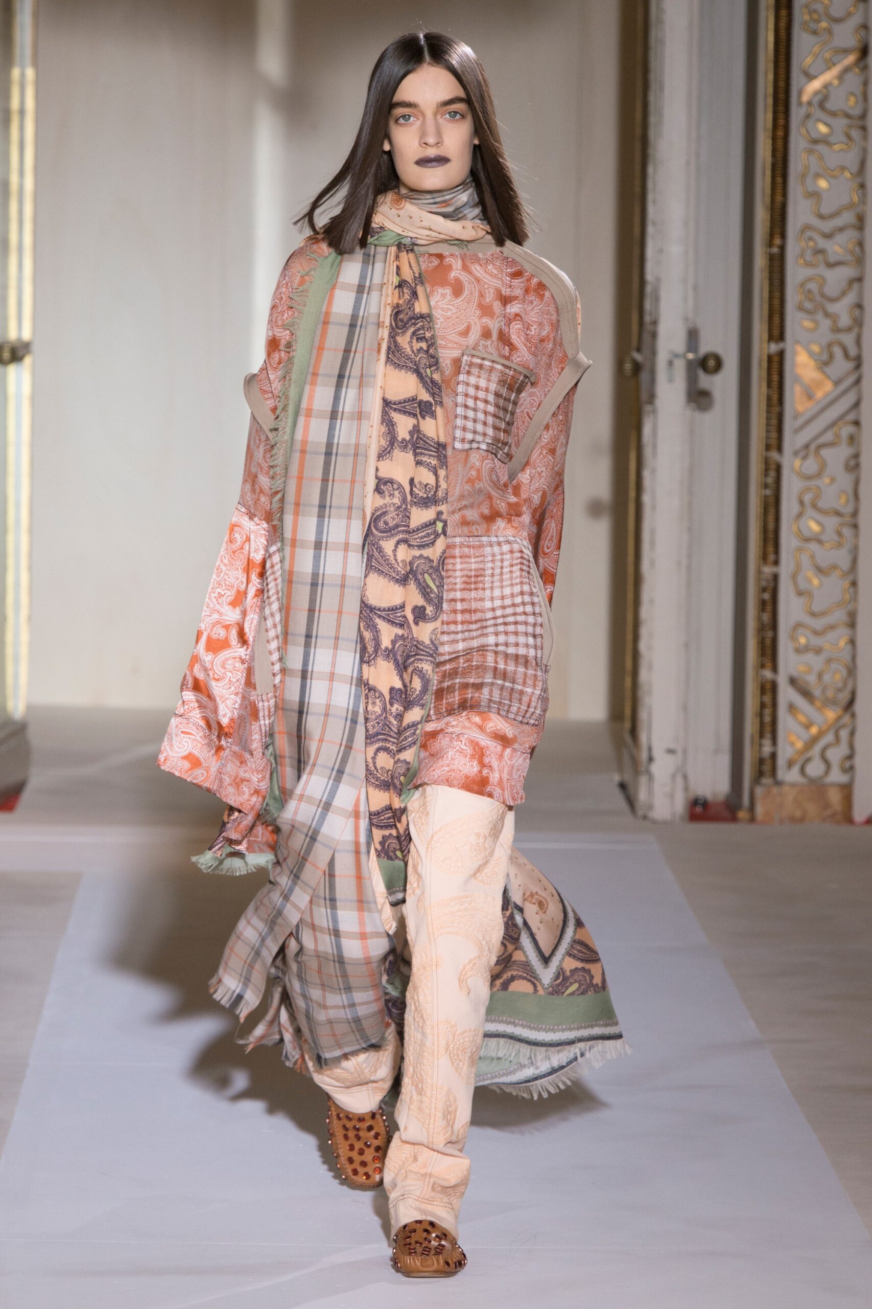 multi silk long-sleeve collared relaxed layered printed dress
