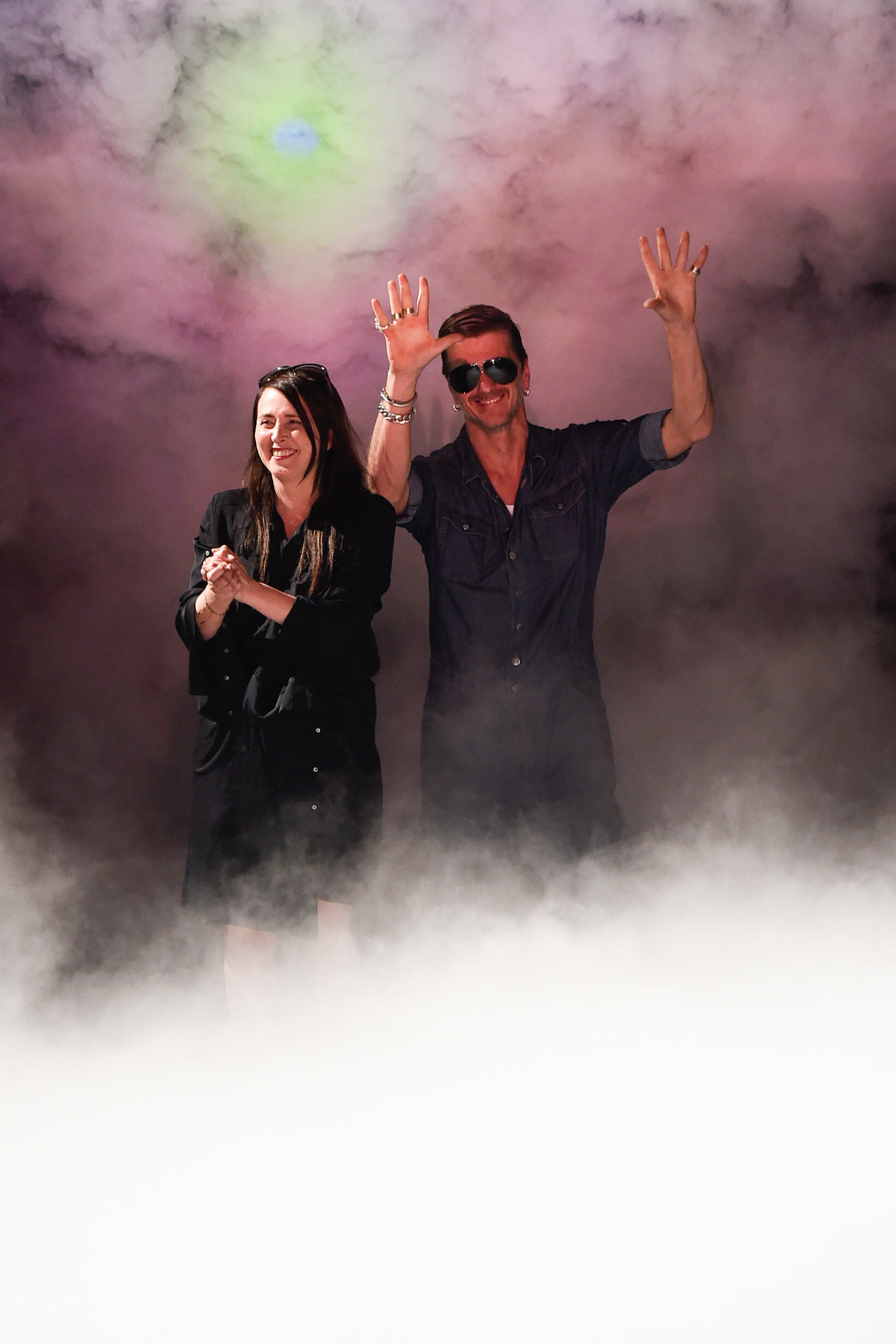 black dress and blue jumpsuit