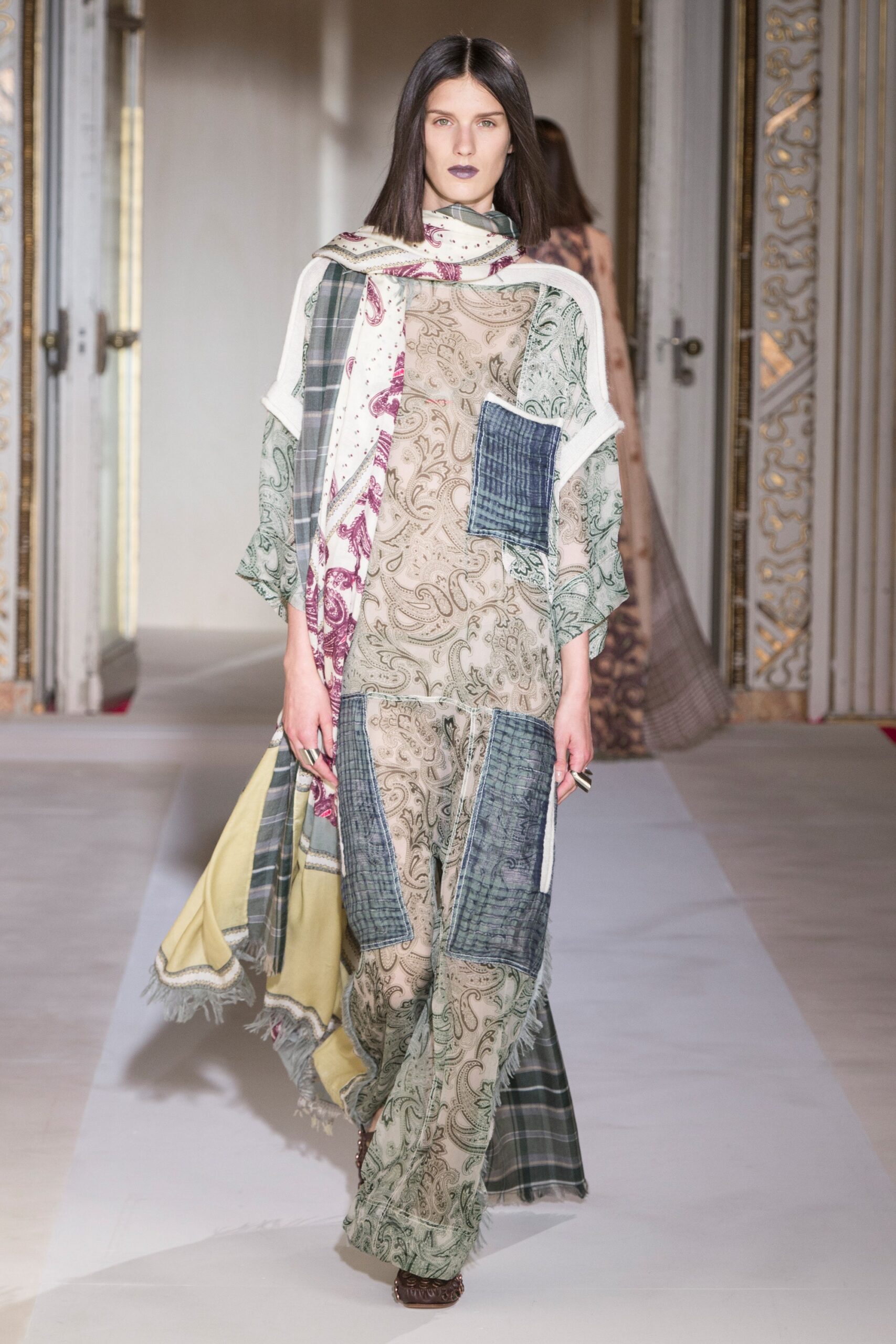 beige patchwork jumpsuit with scarf