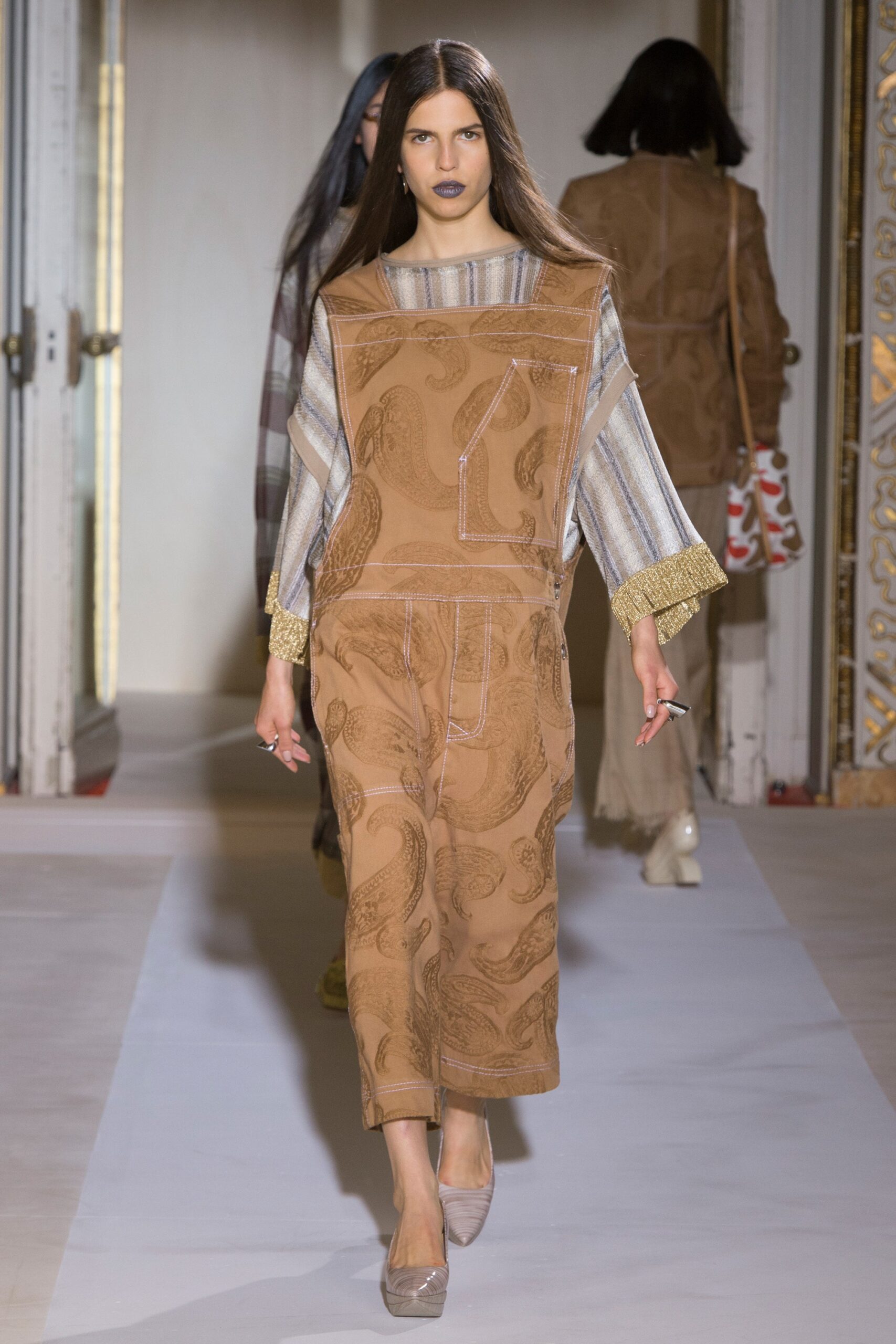 brown suede jumpsuit with striped blouse