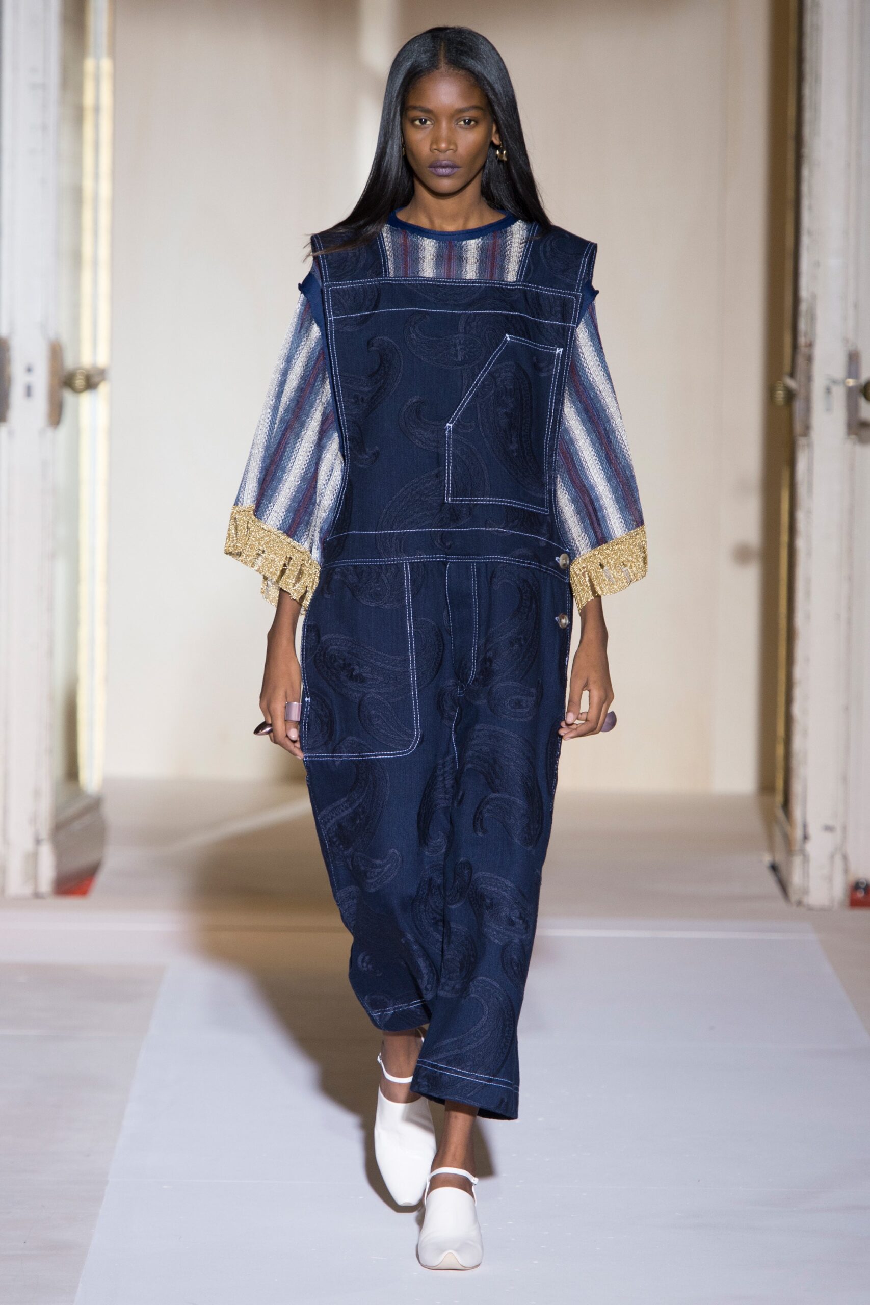 blue denim jumpsuit with striped top