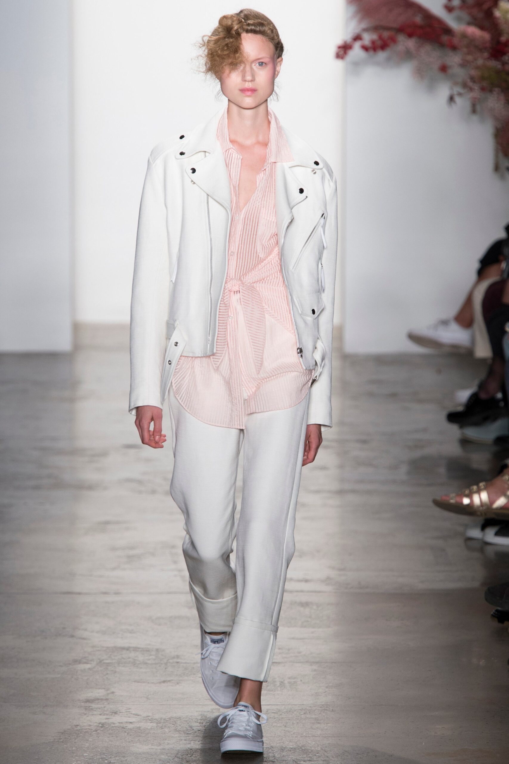 white leather jacket with pink shirt