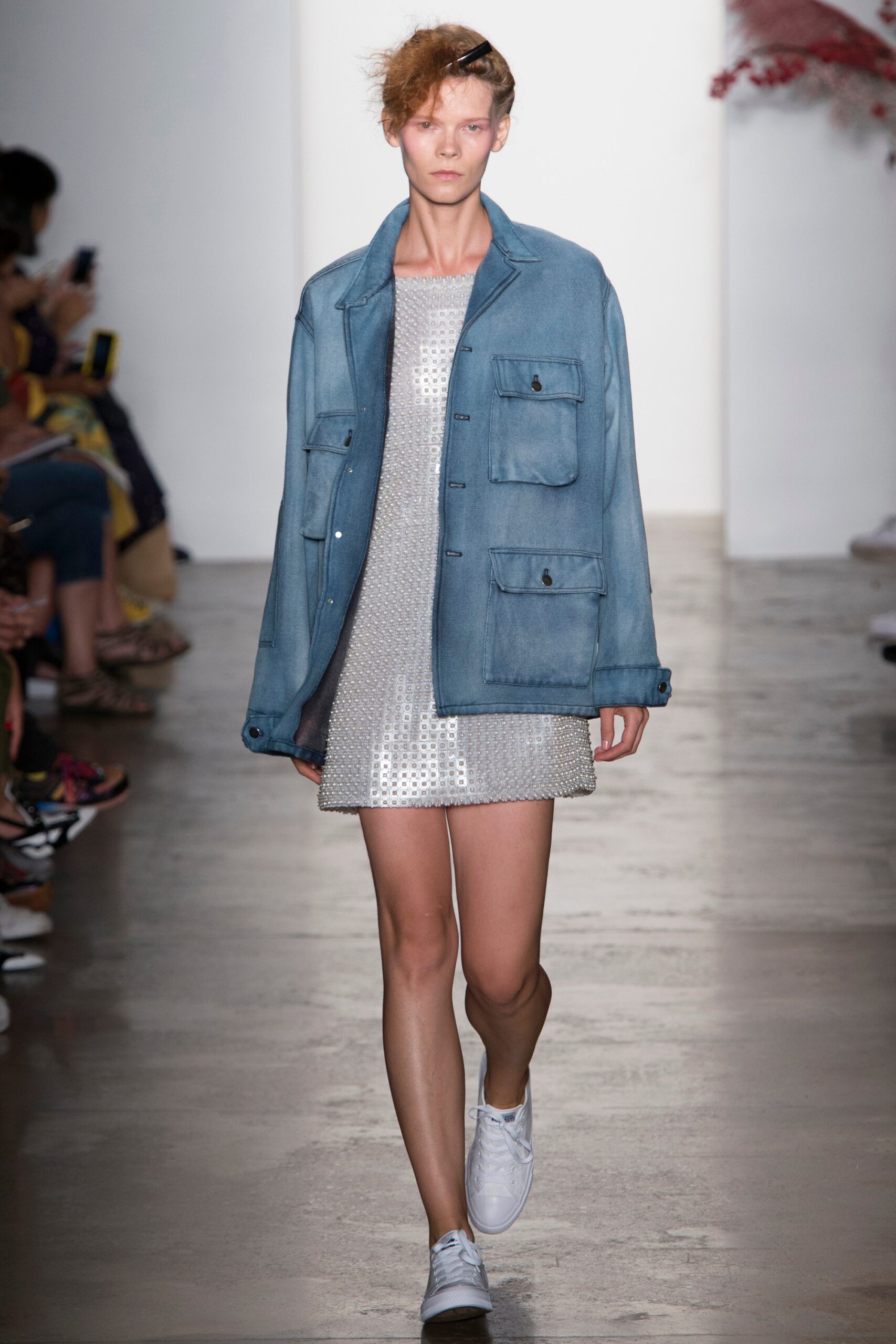 blue denim jacket with silver dress