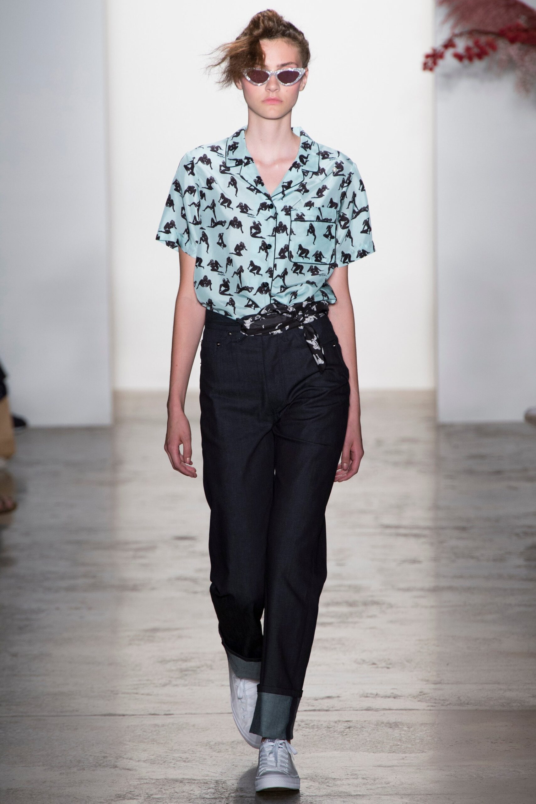 blue printed shirt with black pants