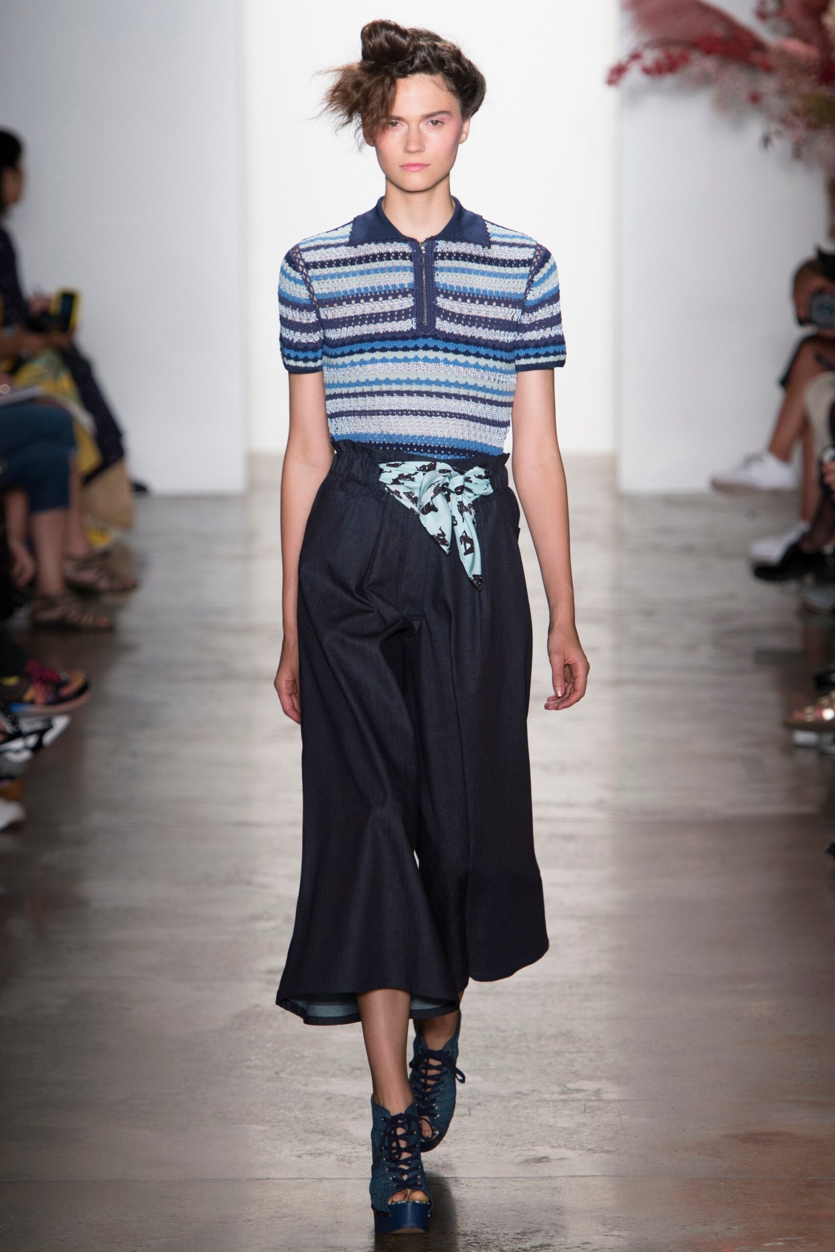 blue striped top with wide-leg pants