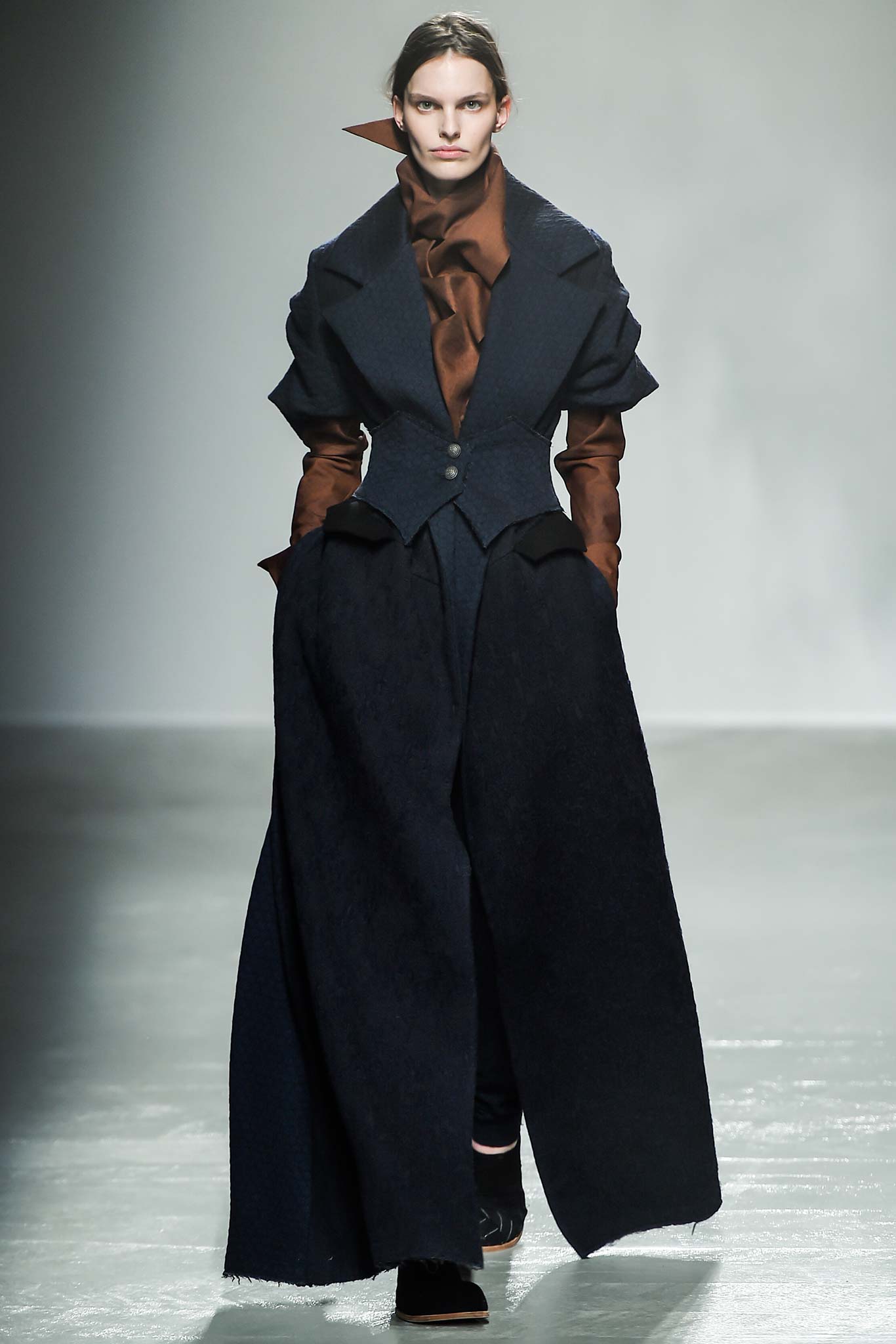 black wool coat and brown silk blouse