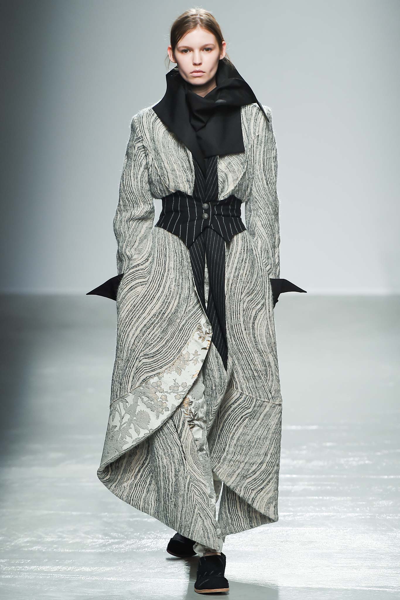 black silk long-sleeve collared fitted draped layered coat