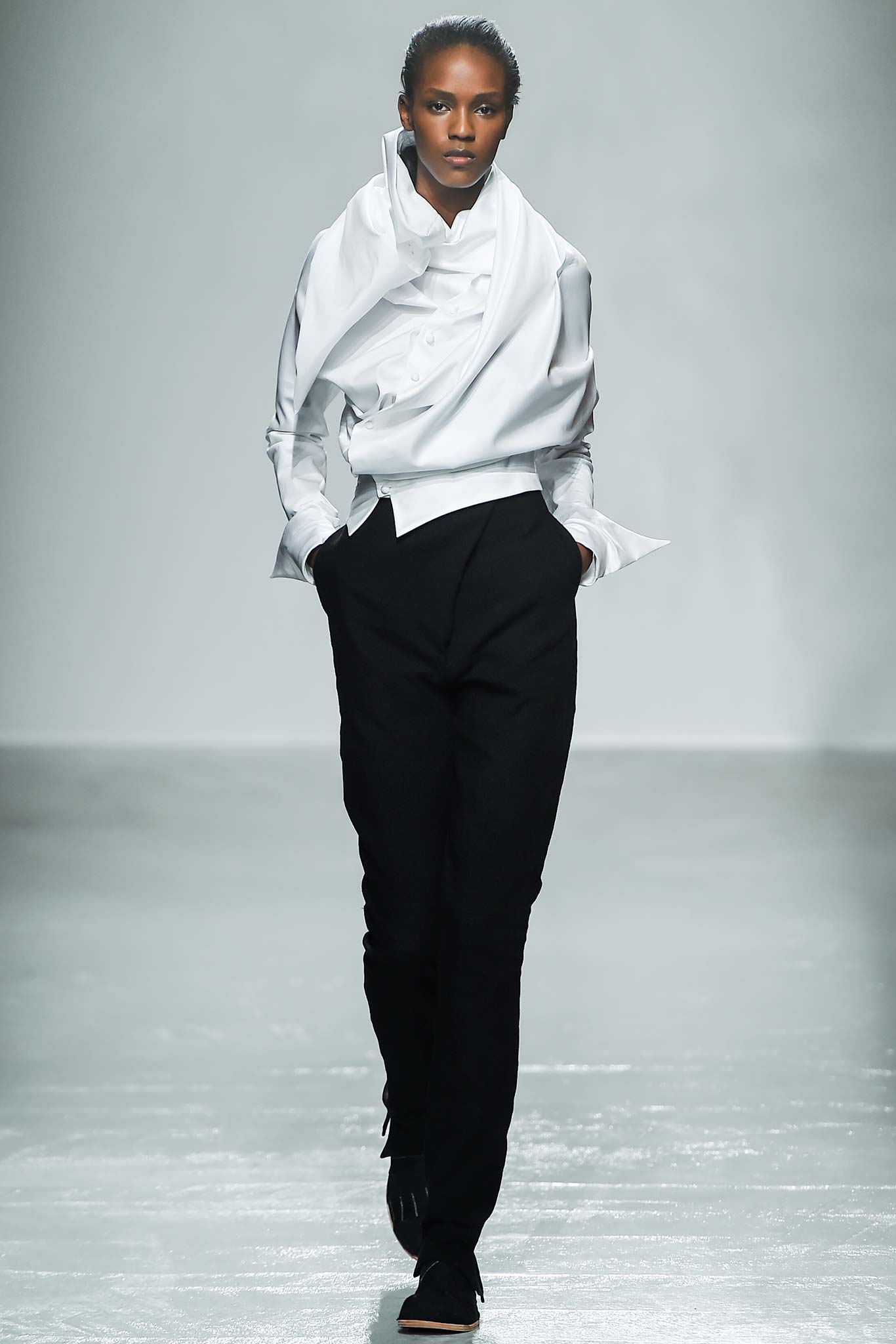 white cotton long-sleeve collared relaxed draped shirt