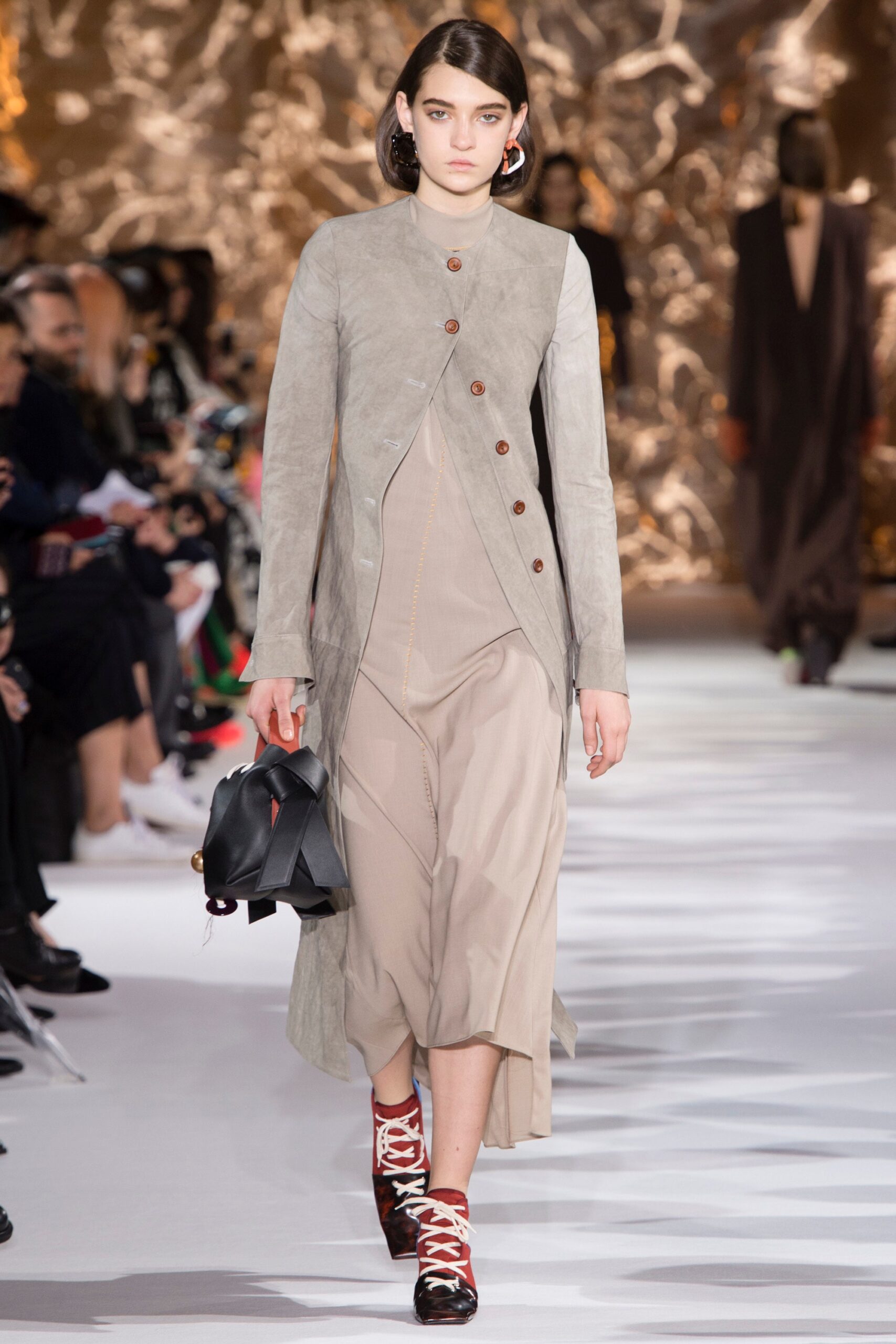 gray suede coat beige dress