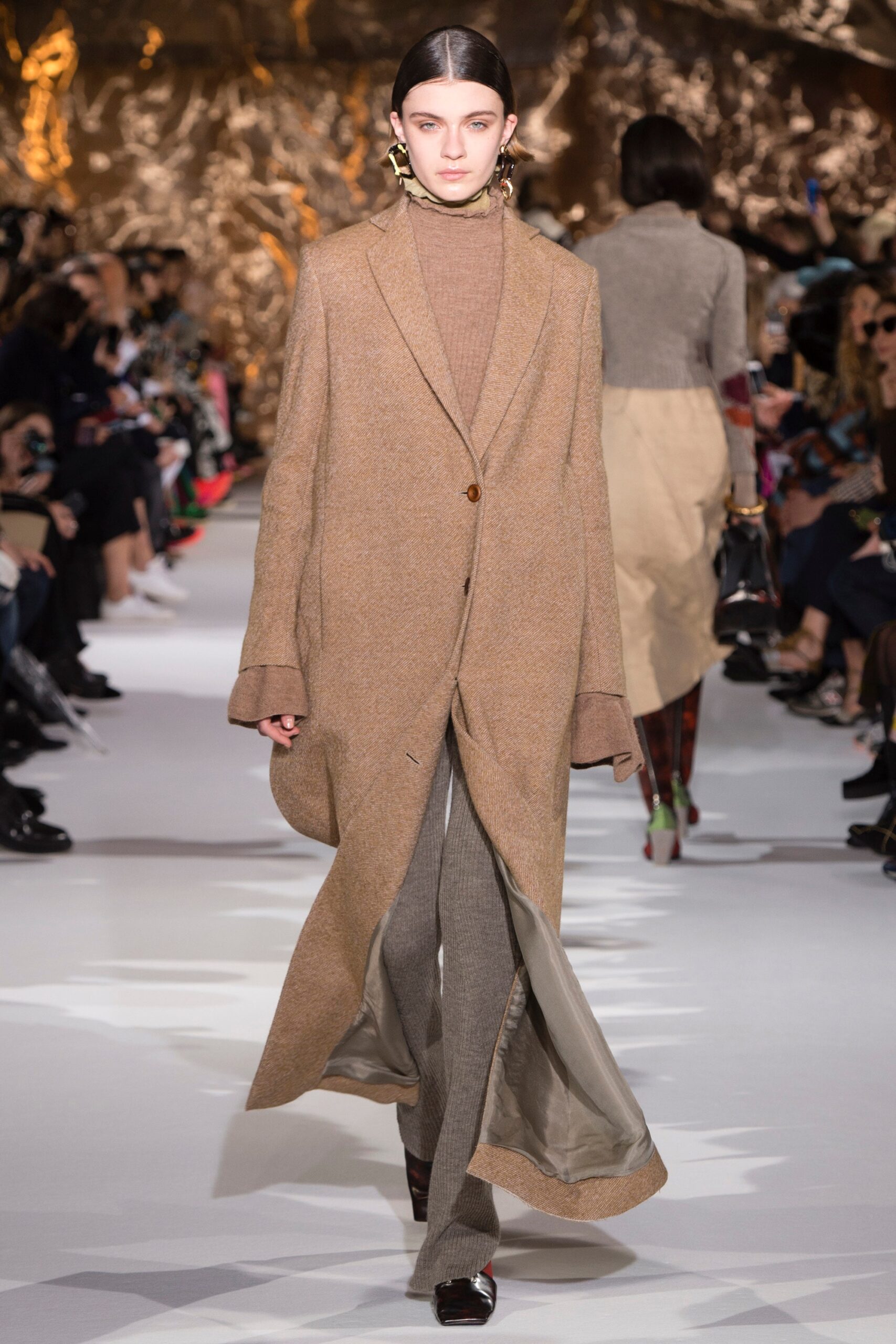 brown wool coat with beige turtleneck