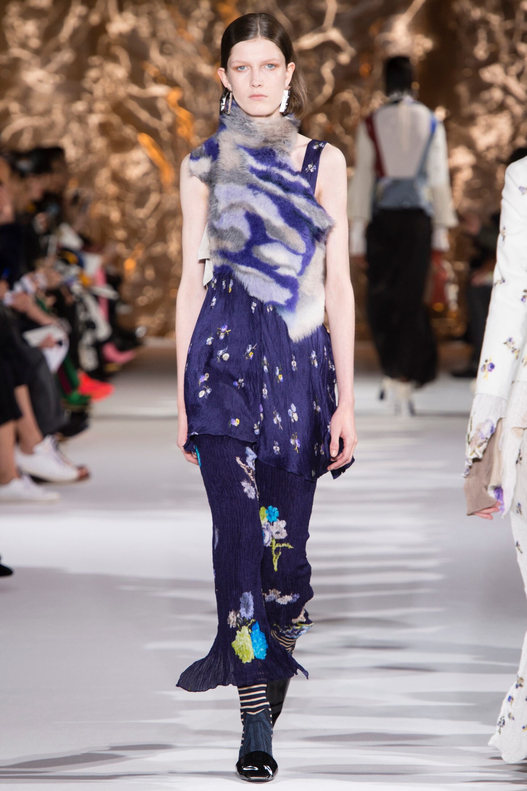 blue purple embroidered midi dress with fur scarf