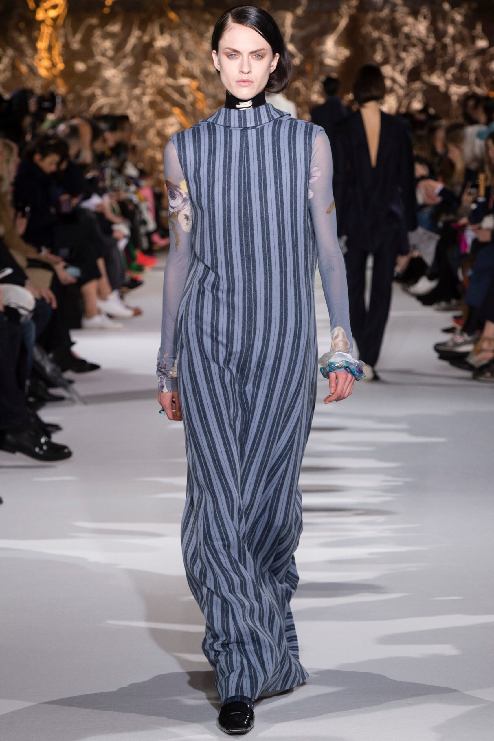 blue gray striped maxi dress