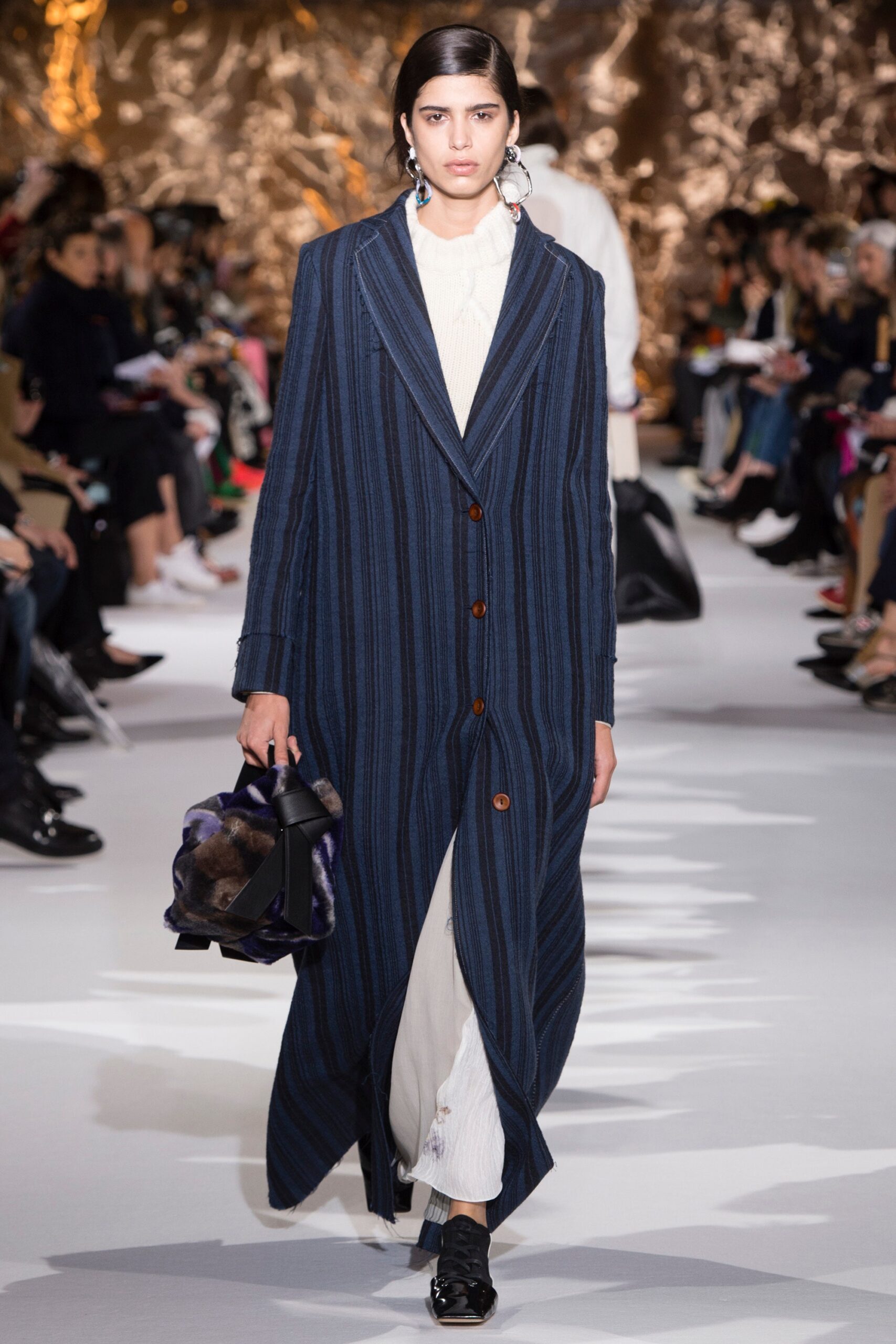 blue wool coat with white dress