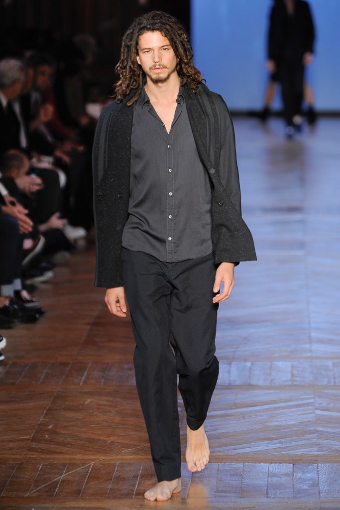 black wool long-sleeve collared relaxed draped jacket