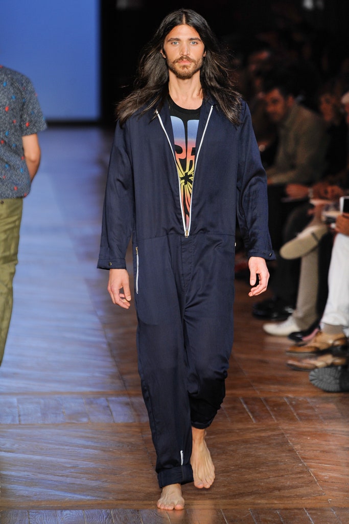 blue cotton long-sleeve collared relaxed zippered straight-leg jumpsuit