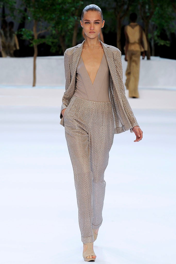 beige silk fitted jumpsuit and blazer