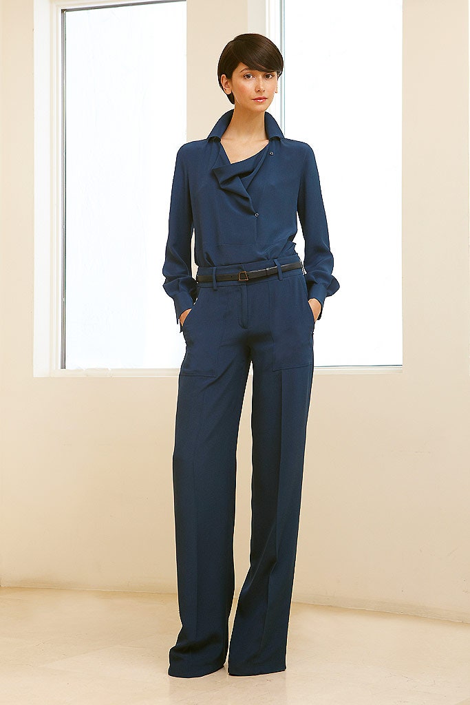 blue relaxed shirt and tailored pants