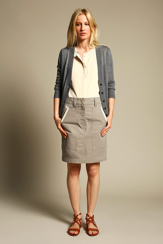 gray cardigan beige blouse gray skirt
