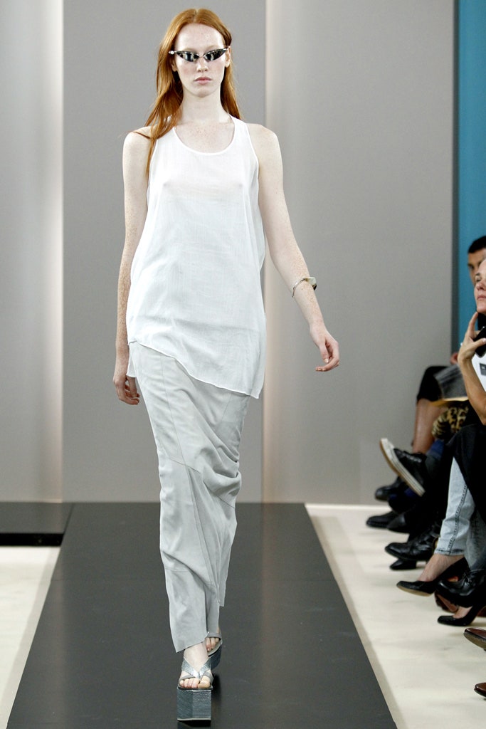 white relaxed top with gray pants