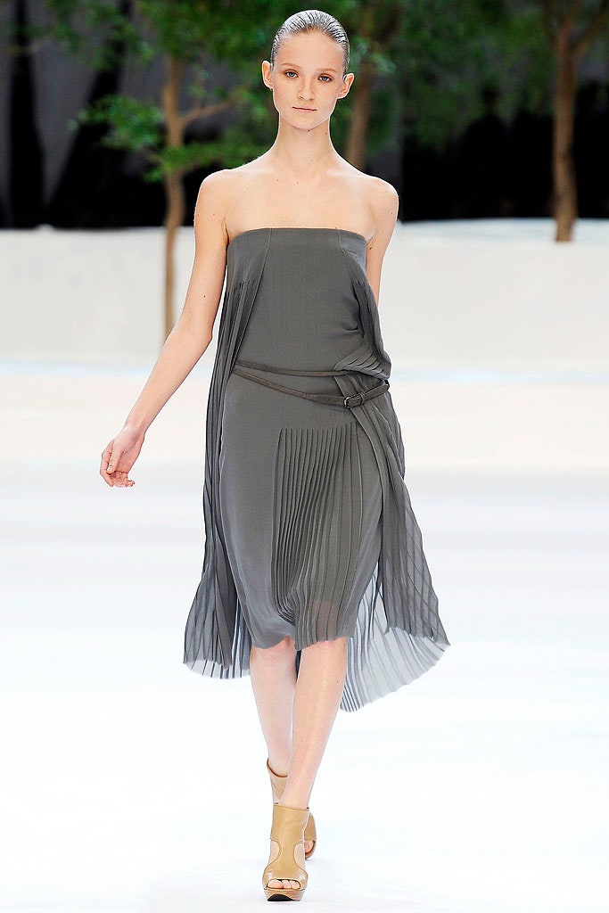 gray pleated strapless dress
