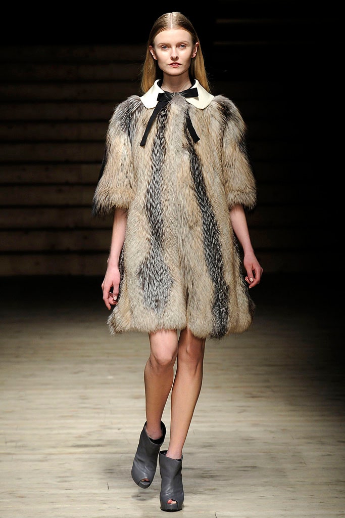 beige gray fur collared dress