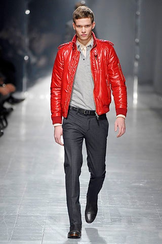 red vinyl jacket with gray shirt