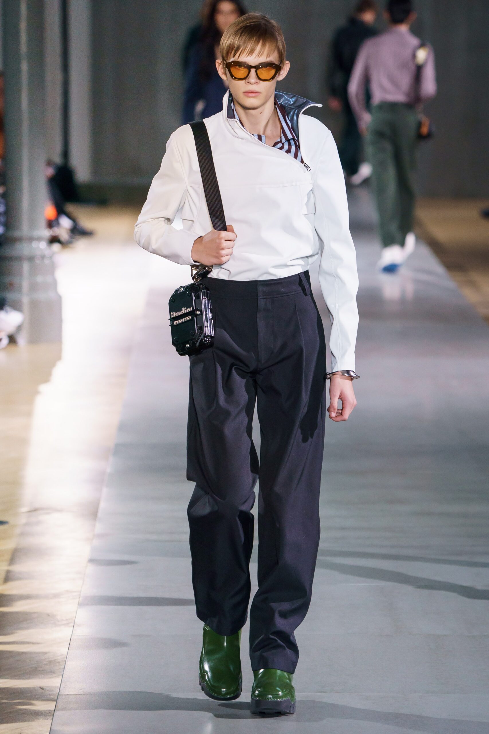 white fitted shirt with black pants