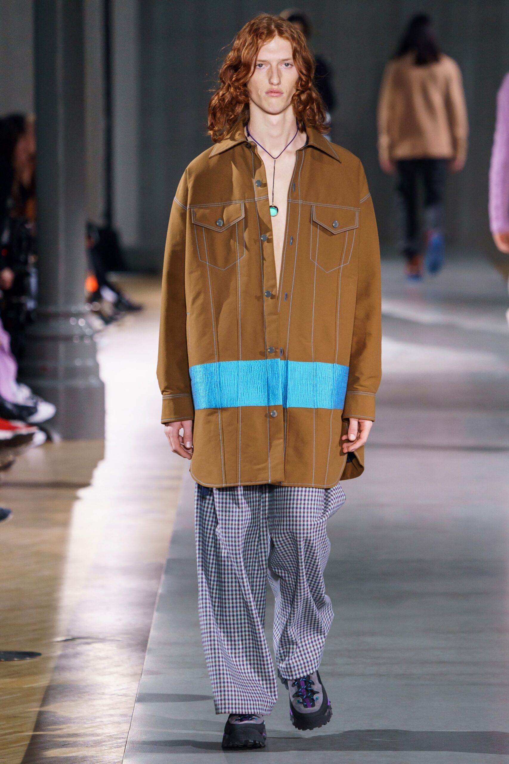 brown relaxed shirt with checked pants