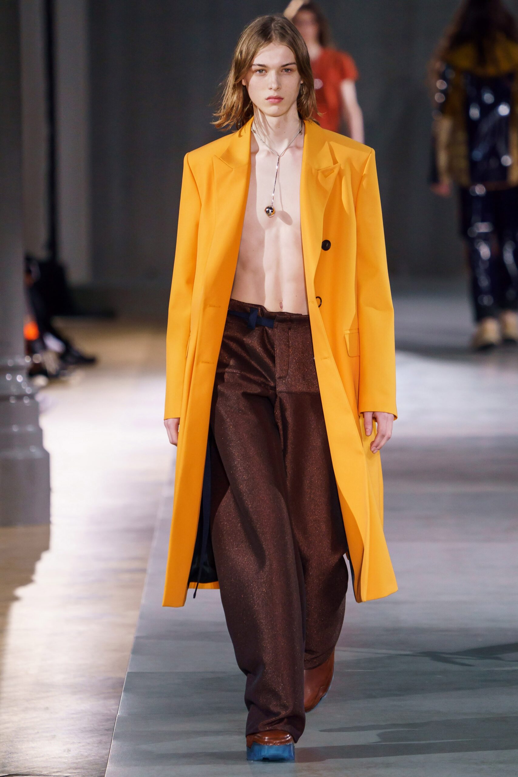 orange wool long-sleeve collared oversized buttoned coat