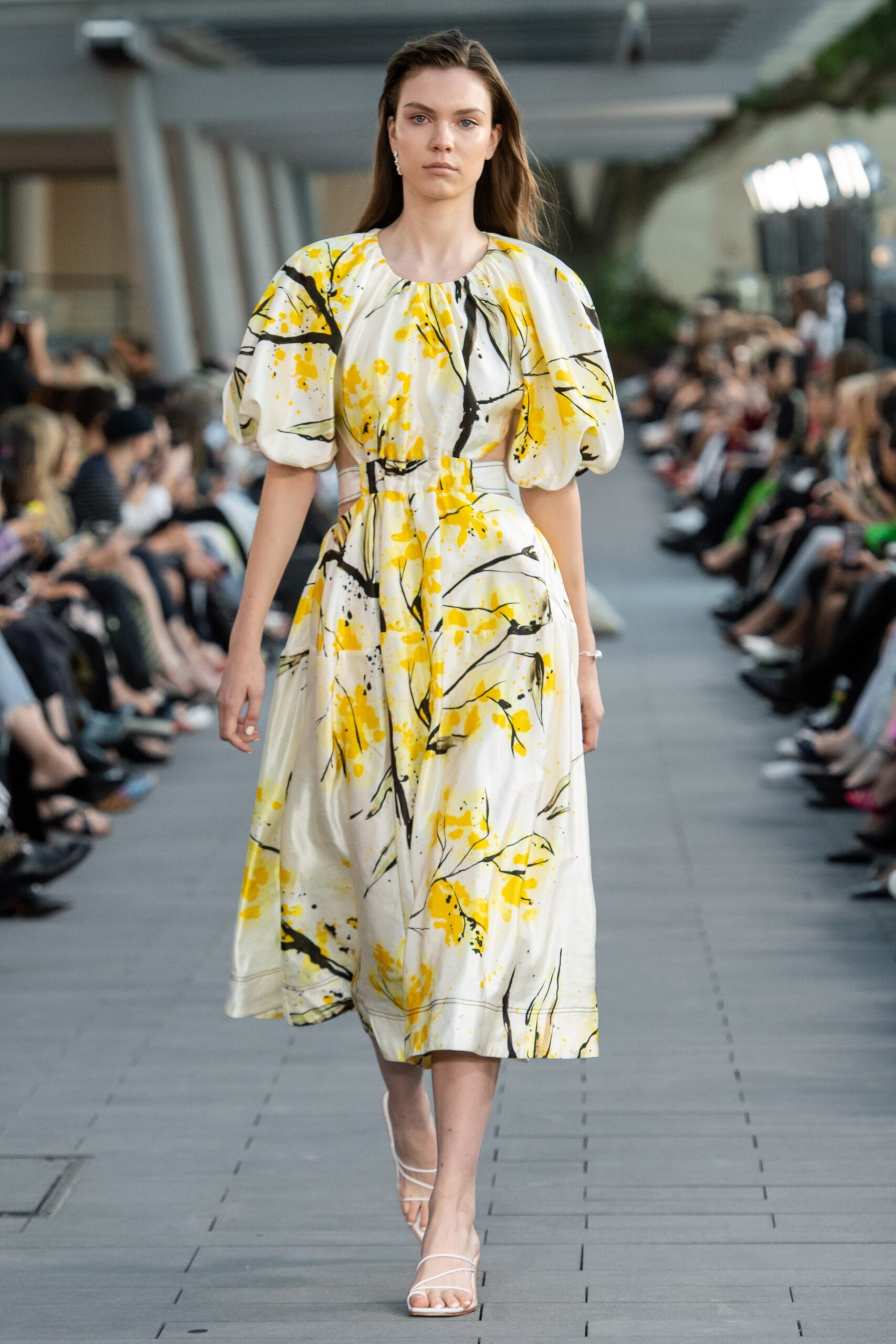 white and yellow floral midi dress