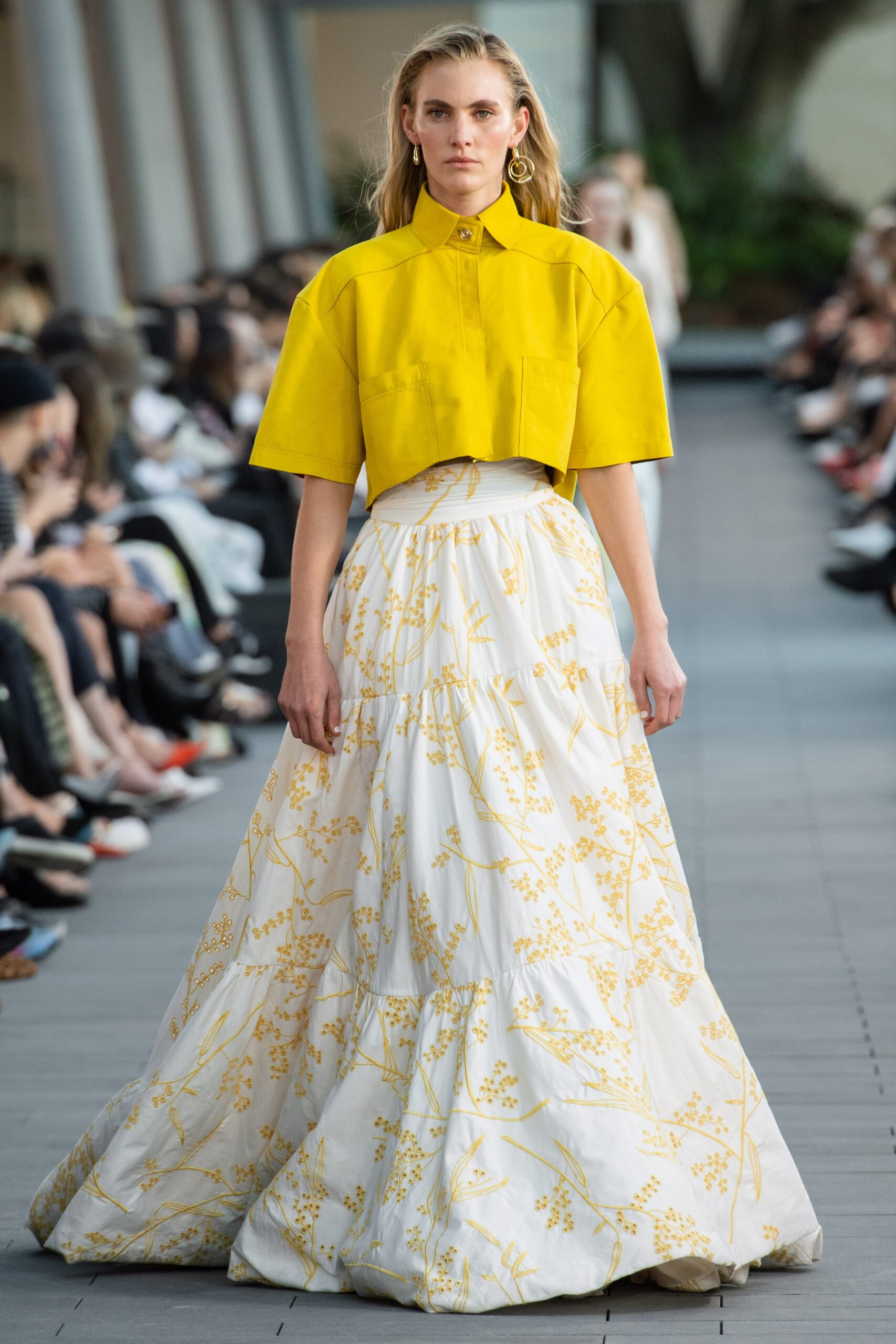 yellow collared top with tiered skirt